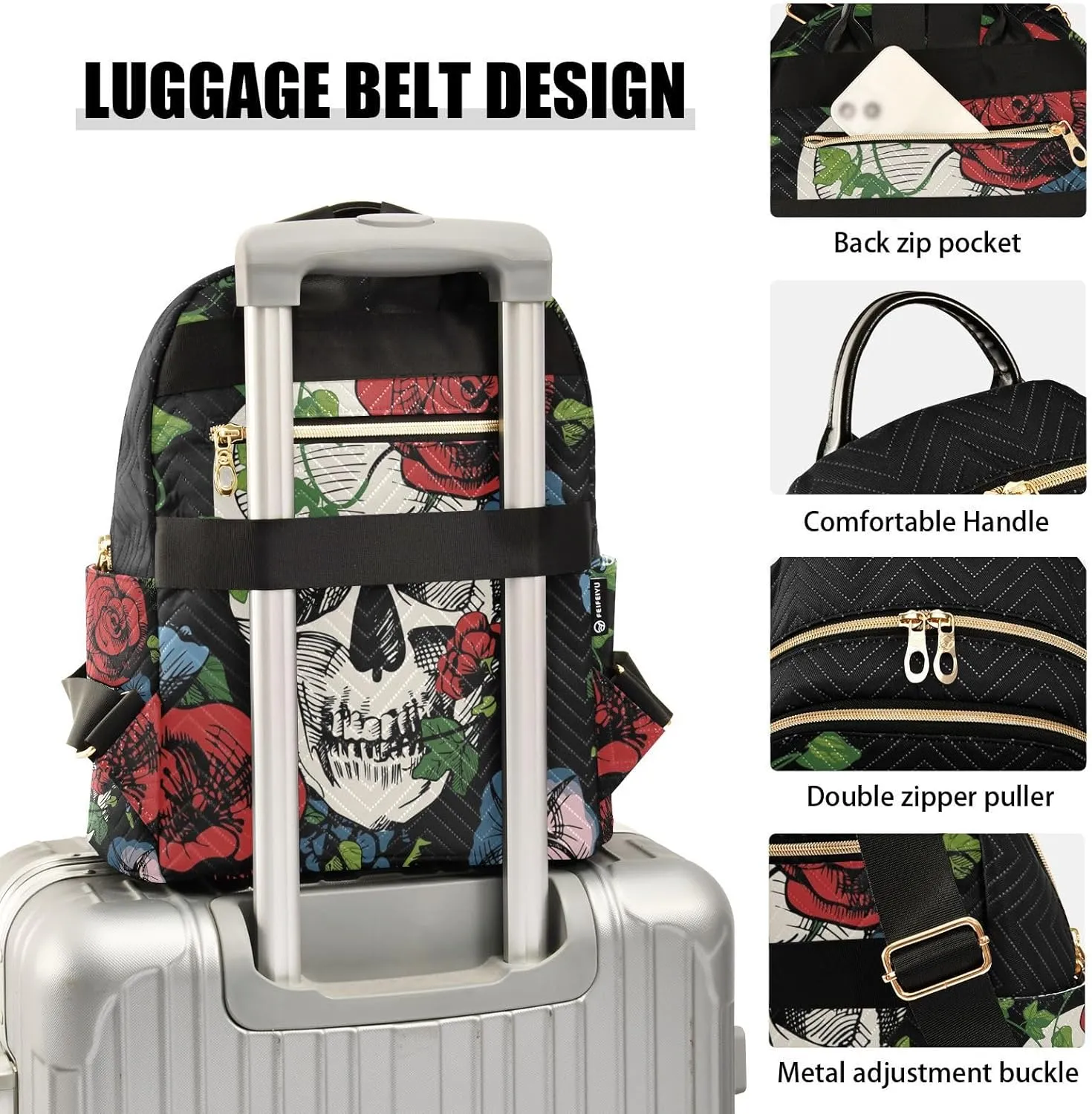 ALAZA A Skull Surrounded with Roses and Leaves Small Backpack Purse for Women Travel Bag Fashion Daypack Back Pack Shoulder Bag