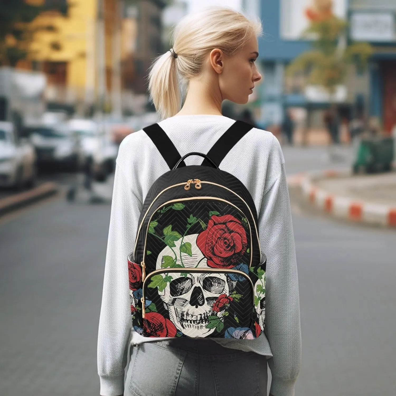 ALAZA A Skull Surrounded with Roses and Leaves Small Backpack Purse for Women Travel Bag Fashion Daypack Back Pack Shoulder Bag
