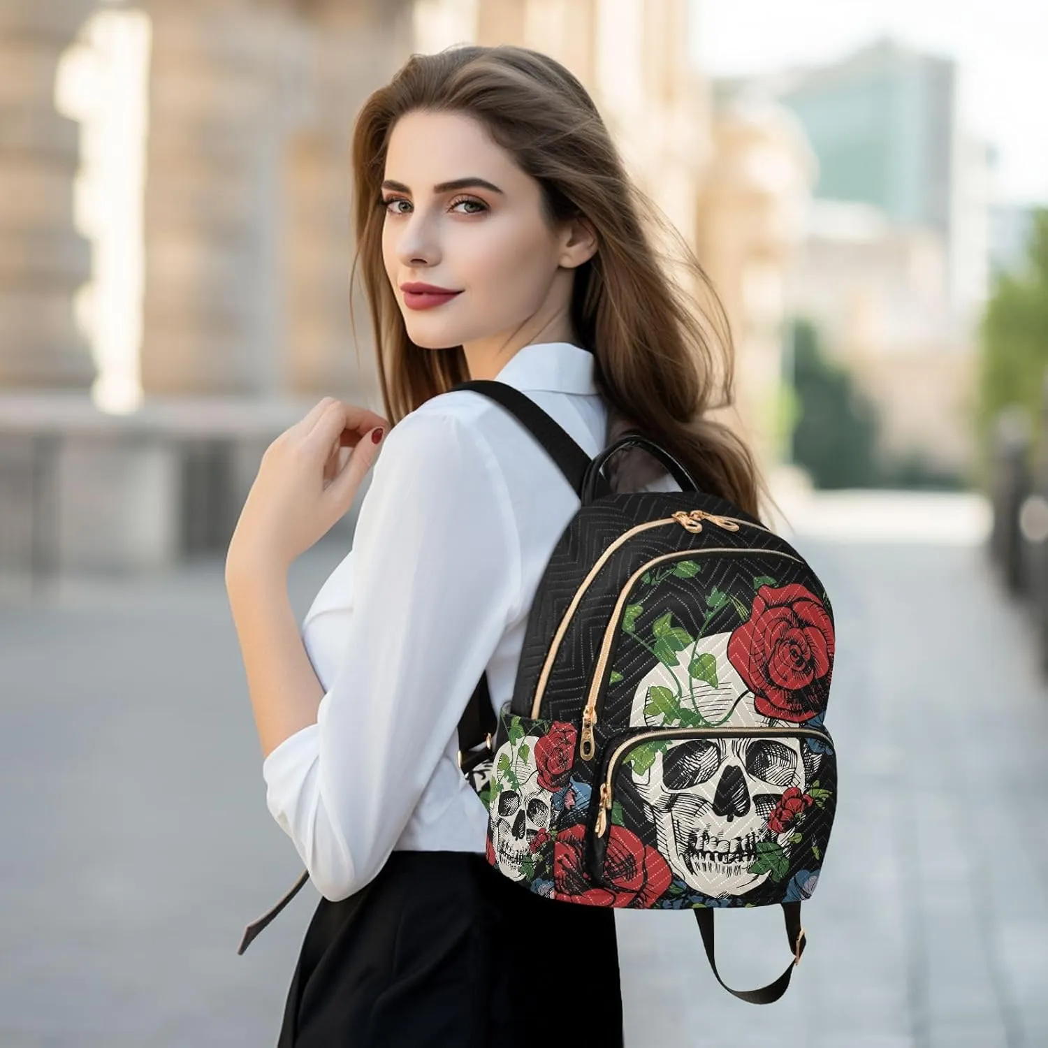 ALAZA A Skull Surrounded with Roses and Leaves Small Backpack Purse for Women Travel Bag Fashion Daypack Back Pack Shoulder Bag
