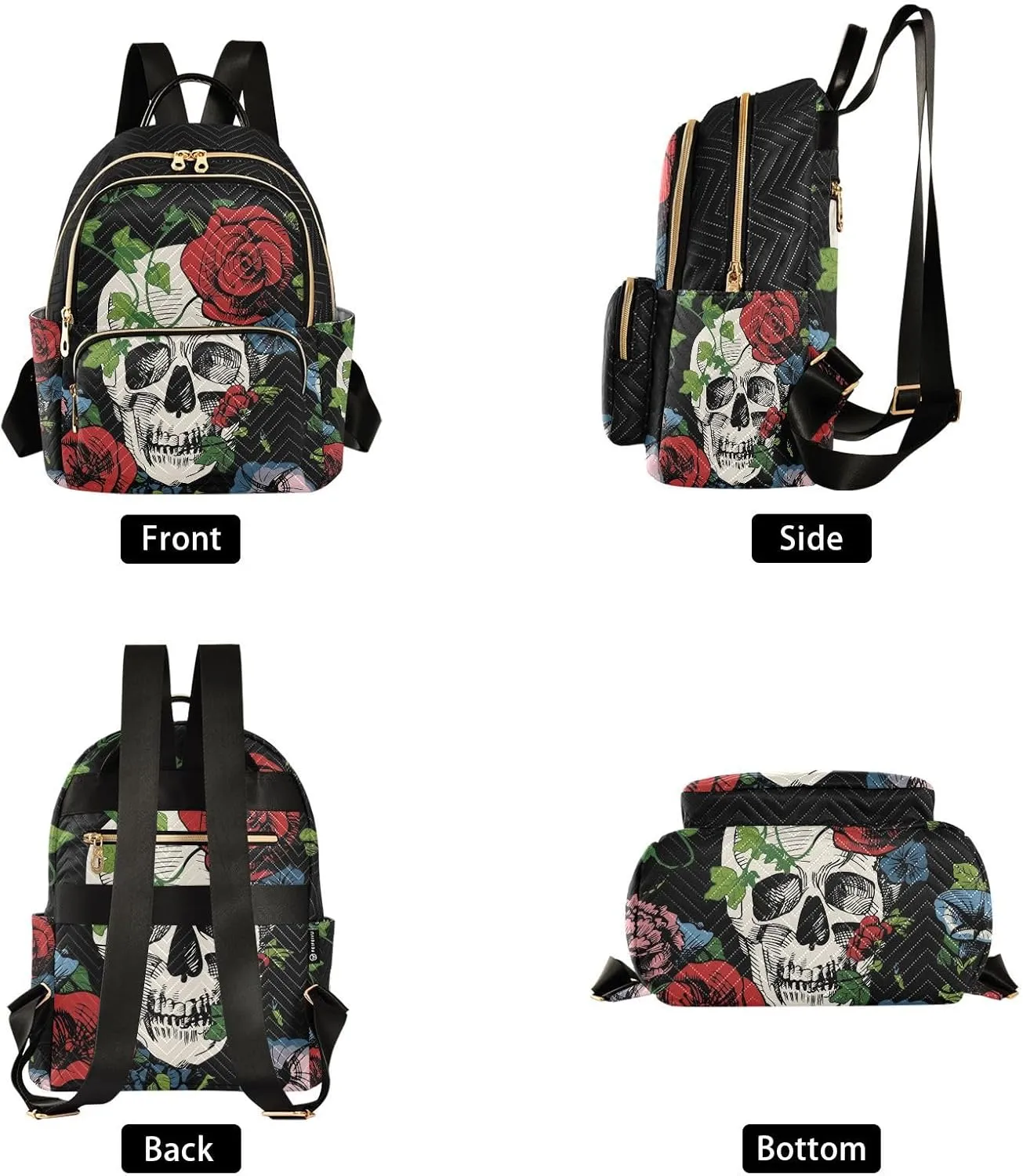 ALAZA A Skull Surrounded with Roses and Leaves Small Backpack Purse for Women Travel Bag Fashion Daypack Back Pack Shoulder Bag