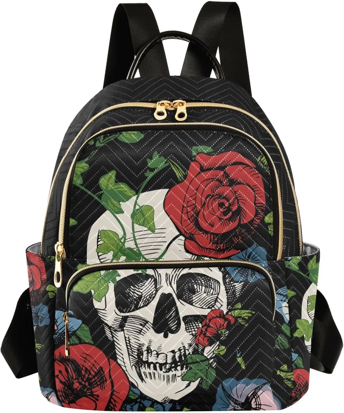 ALAZA A Skull Surrounded with Roses and Leaves Small Backpack Purse for Women Travel Bag Fashion Daypack Back Pack Shoulder Bag