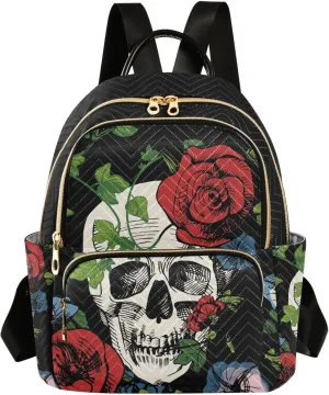 ALAZA A Skull Surrounded with Roses and Leaves Small Backpack Purse for Women Travel Bag Fashion Daypack Back Pack Shoulder Bag