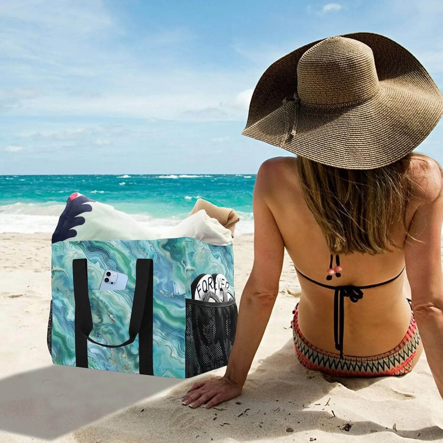 ALAZA Golden Marble on Black Waterproof Beach Tote Bags