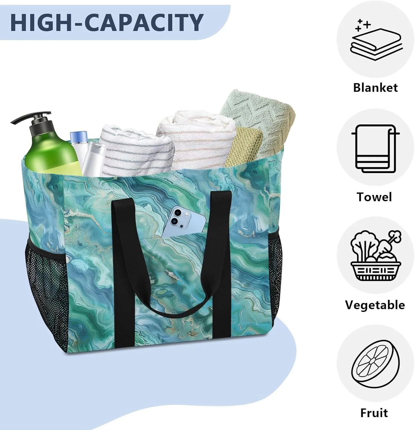 ALAZA Golden Marble on Black Waterproof Beach Tote Bags