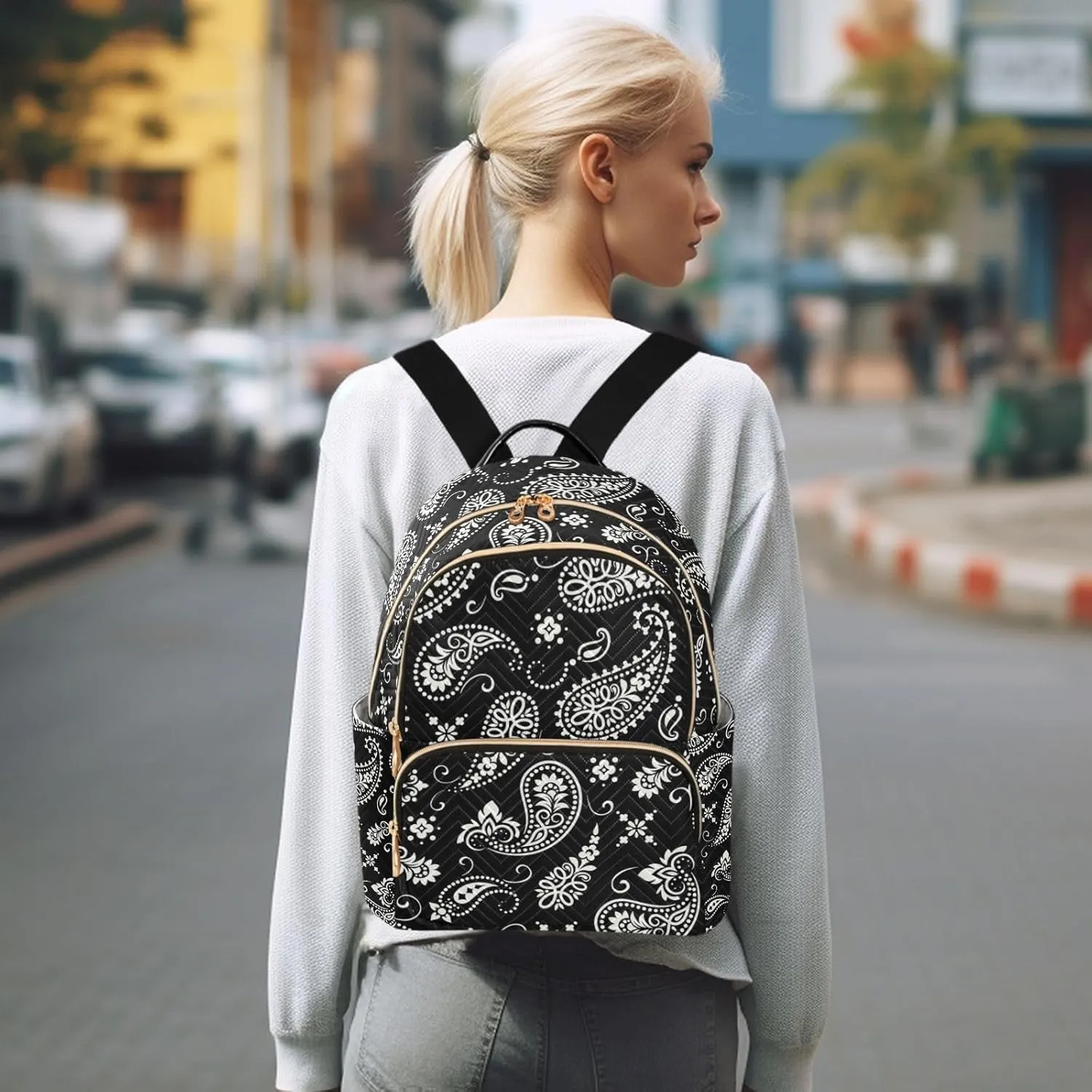ALAZA Ornament Paisley Bandana Print Black Mini Backpack Purse for Women Travel Bag Fashion Daypack Back Pack Shoulder Bag
