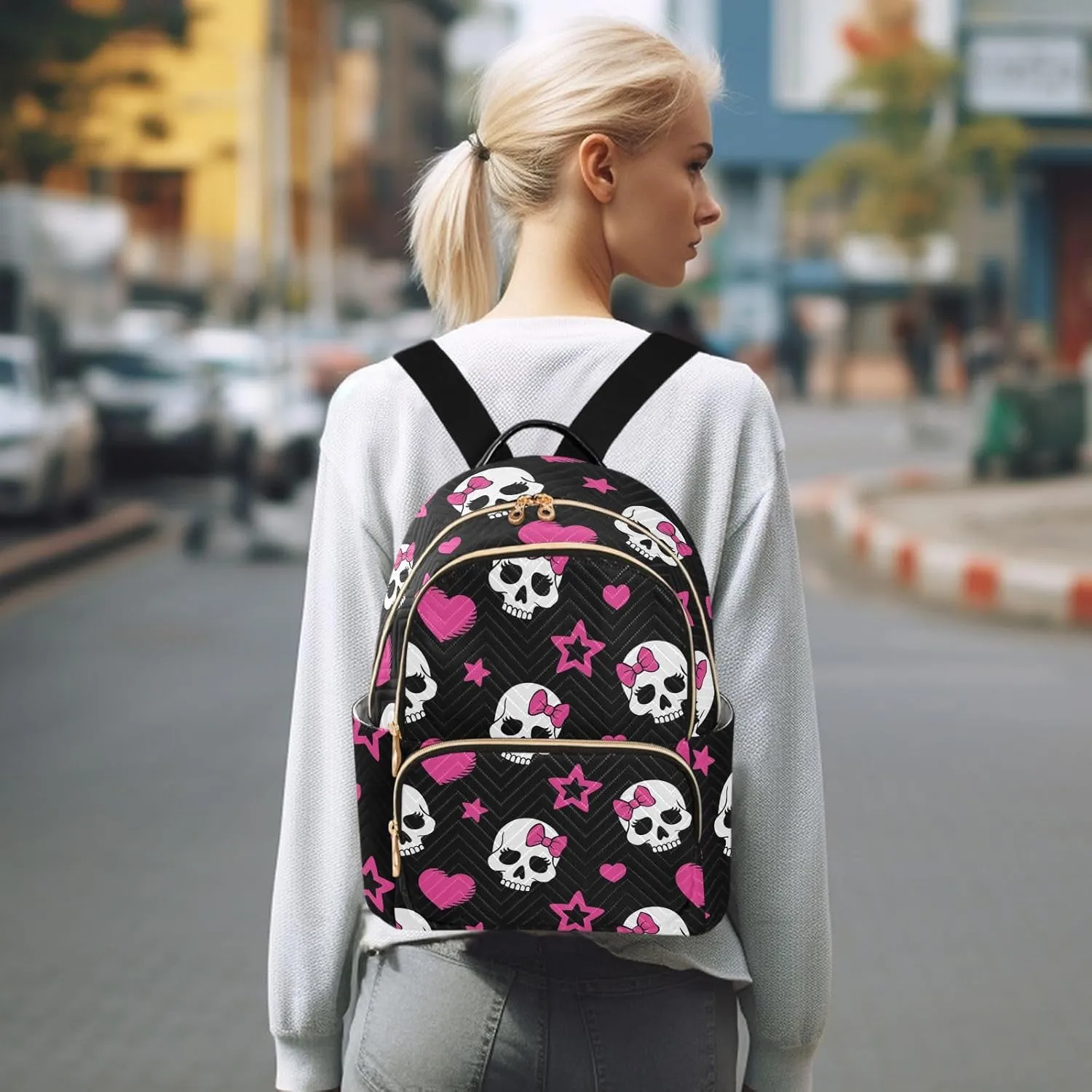 ALAZA Pink Heart and Skull Small Backpack Purse for Women Travel Bag Fashion Daypack Back Pack Shoulder Bag