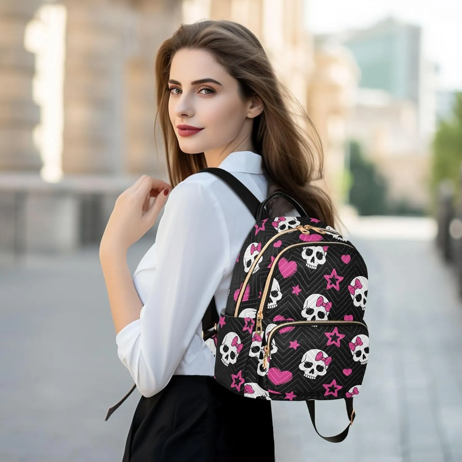 ALAZA Pink Heart and Skull Small Backpack Purse for Women Travel Bag Fashion Daypack Back Pack Shoulder Bag