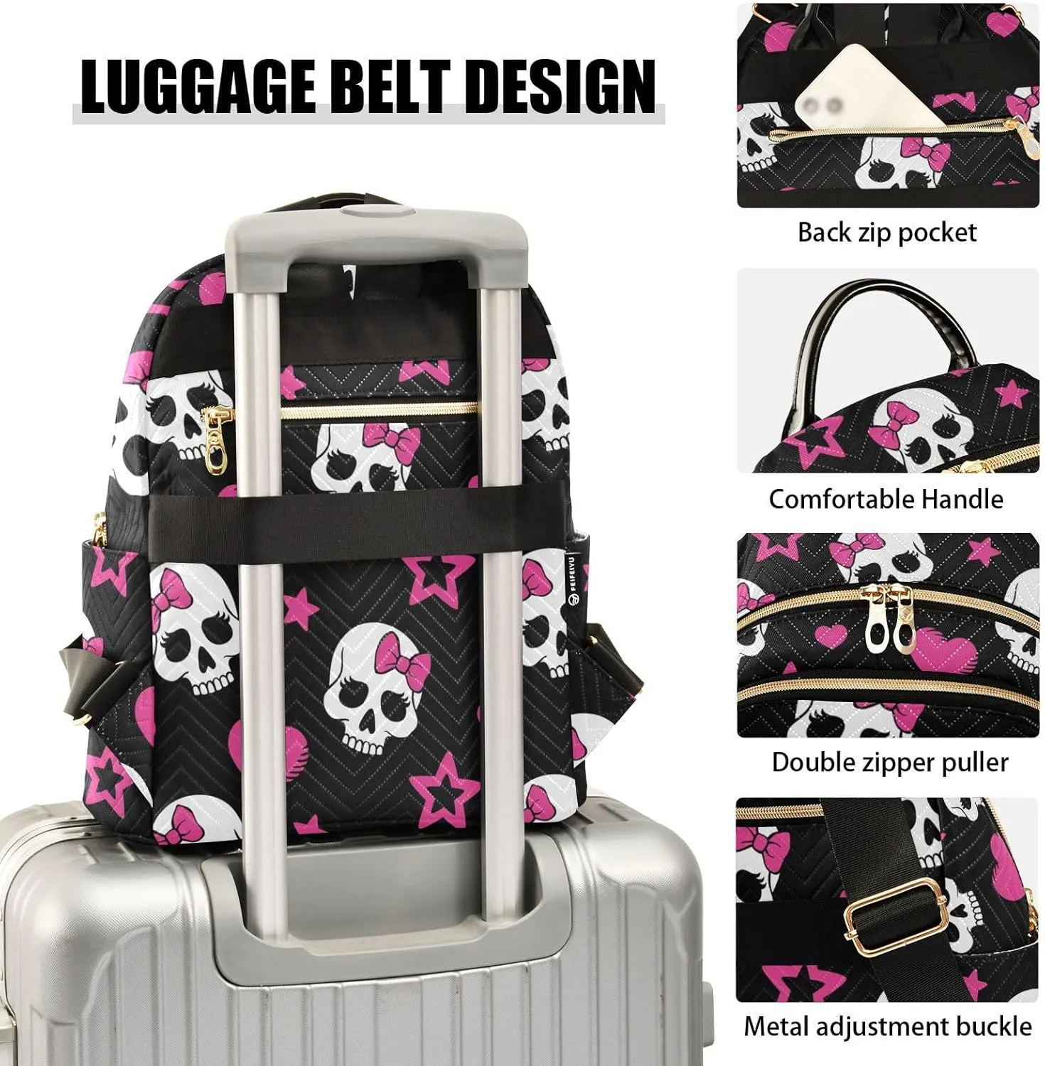 ALAZA Pink Heart and Skull Small Backpack Purse for Women Travel Bag Fashion Daypack Back Pack Shoulder Bag