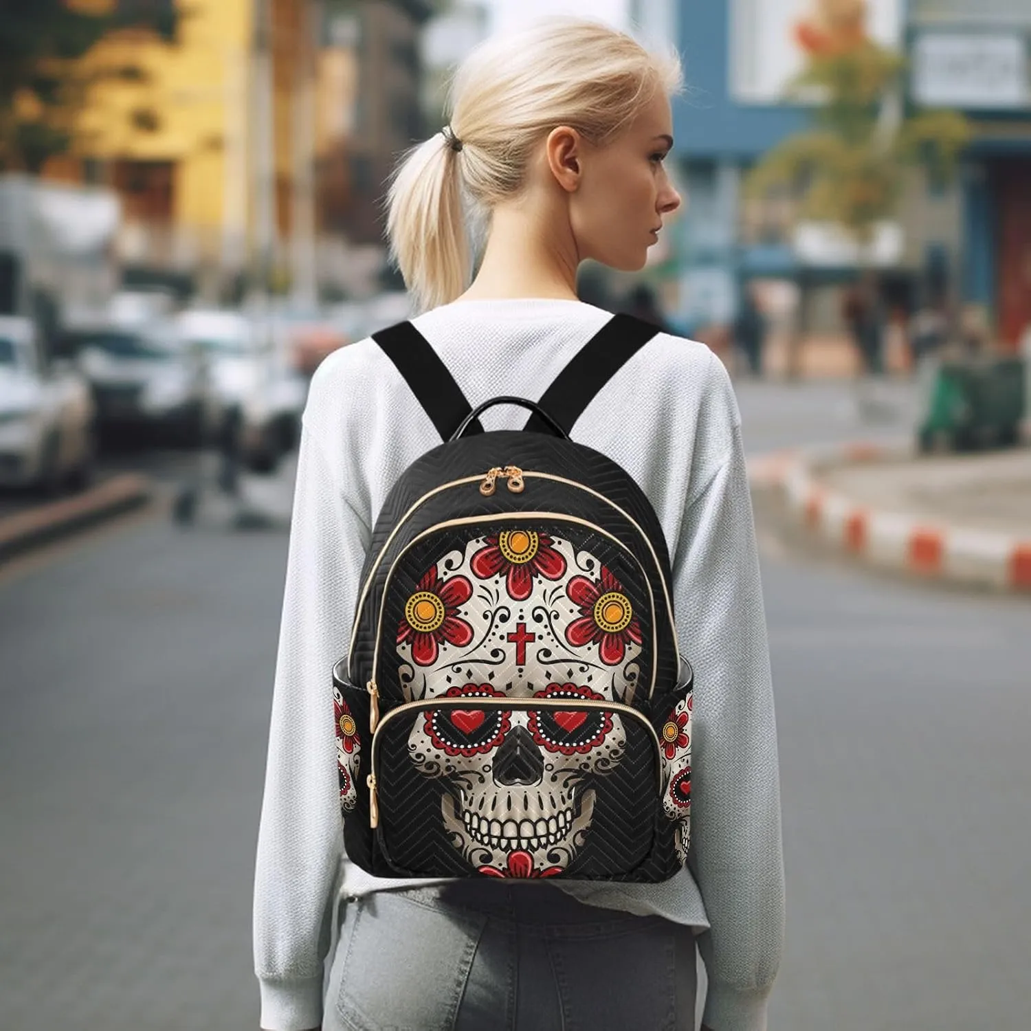 ALAZA Sugar Skulls Day Of Dead Mini Backpack Purse for Women Travel Bag Fashion Daypack Back Pack Shoulder Bag