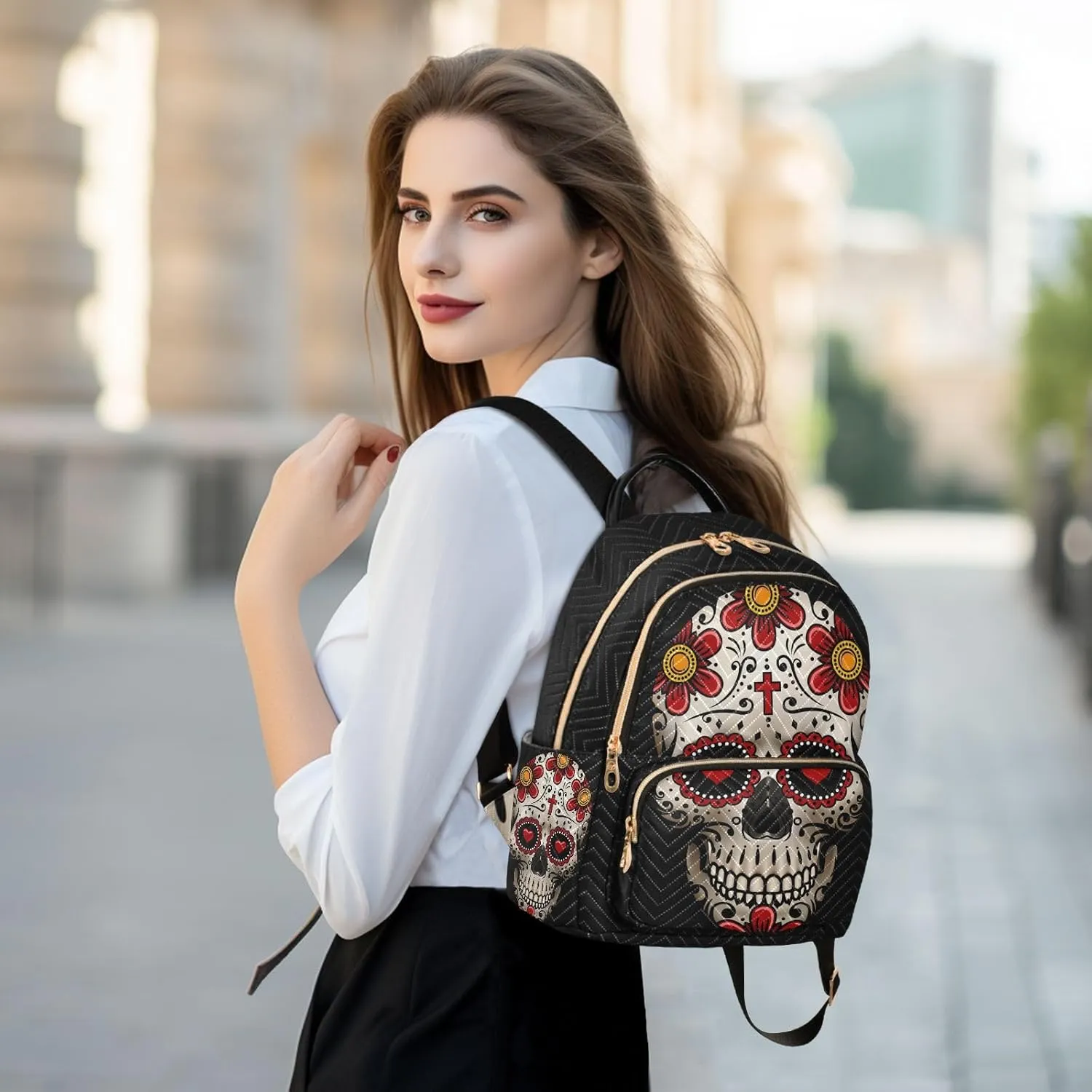 ALAZA Sugar Skulls Day Of Dead Mini Backpack Purse for Women Travel Bag Fashion Daypack Back Pack Shoulder Bag