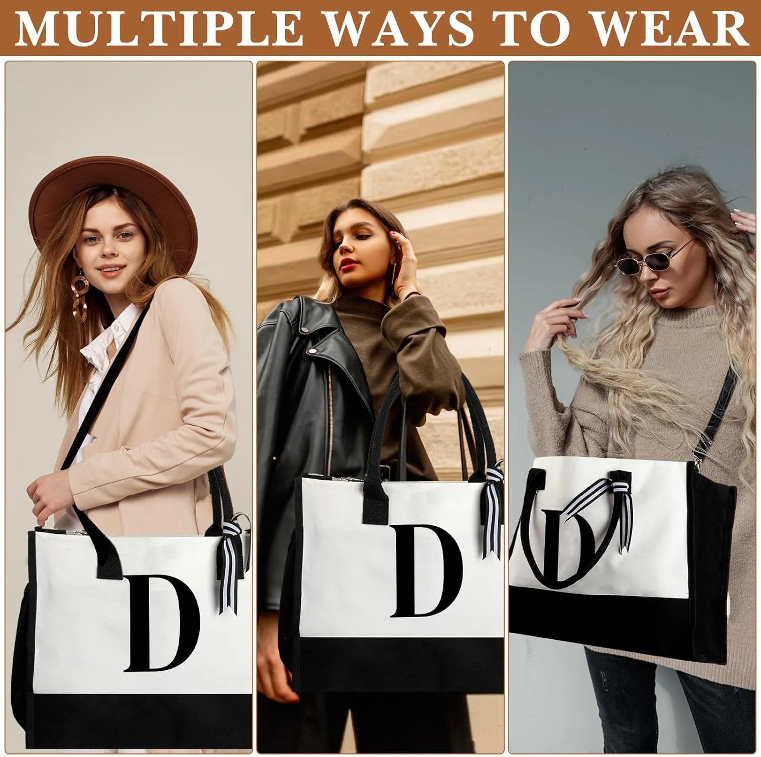 Aliceset Initial Gifts for Women Canvas Tote Bag Mother's Day Gift Shoulder Strap Pouch Makeup Bag Glass Cups for Employee(Letter D)