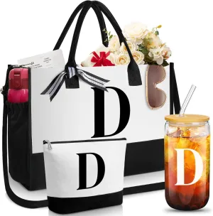 Aliceset Initial Gifts for Women Canvas Tote Bag Mother's Day Gift Shoulder Strap Pouch Makeup Bag Glass Cups for Employee(Letter D)