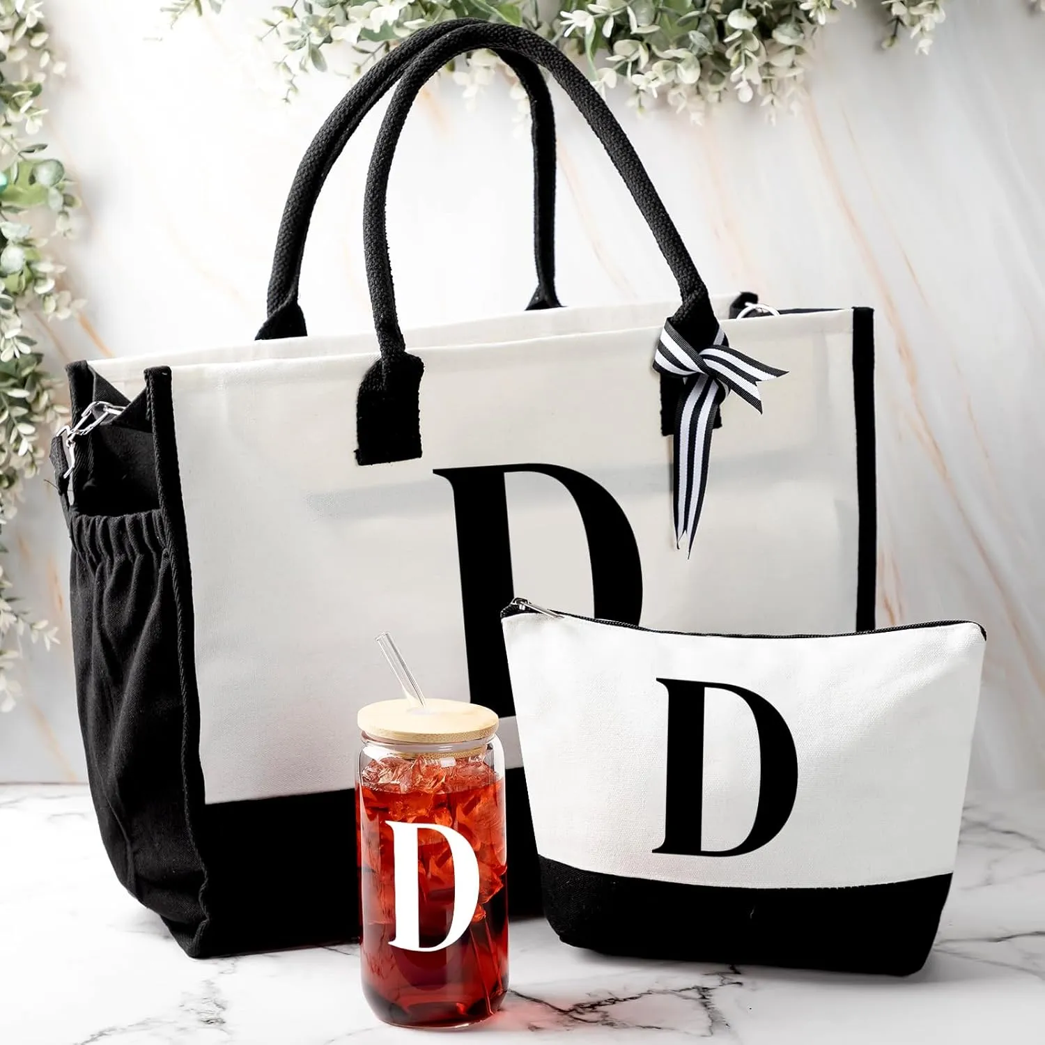 Aliceset Initial Gifts for Women Canvas Tote Bag Mother's Day Gift Shoulder Strap Pouch Makeup Bag Glass Cups for Employee(Letter D)