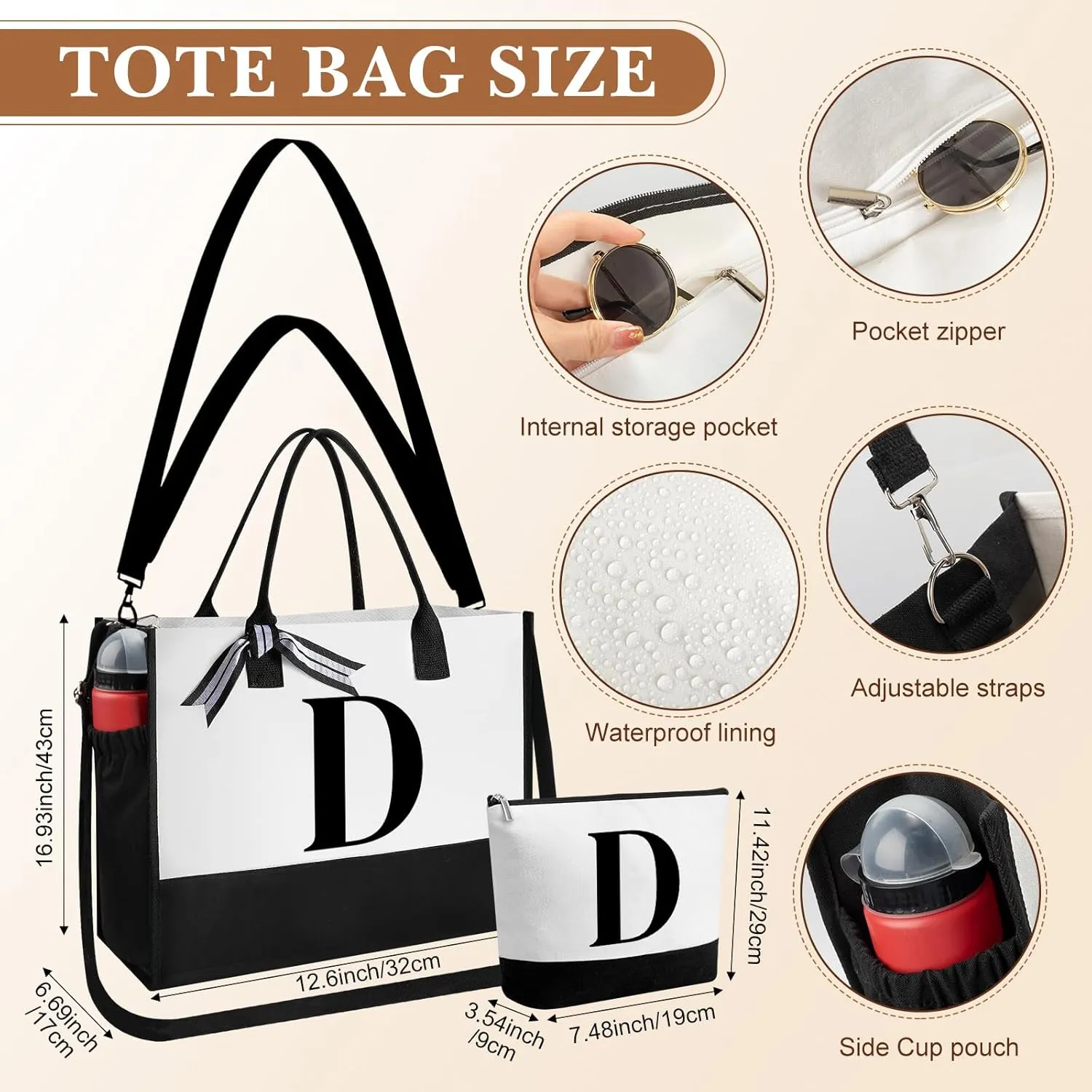 Aliceset Initial Gifts for Women Canvas Tote Bag Mother's Day Gift Shoulder Strap Pouch Makeup Bag Glass Cups for Employee(Letter D)