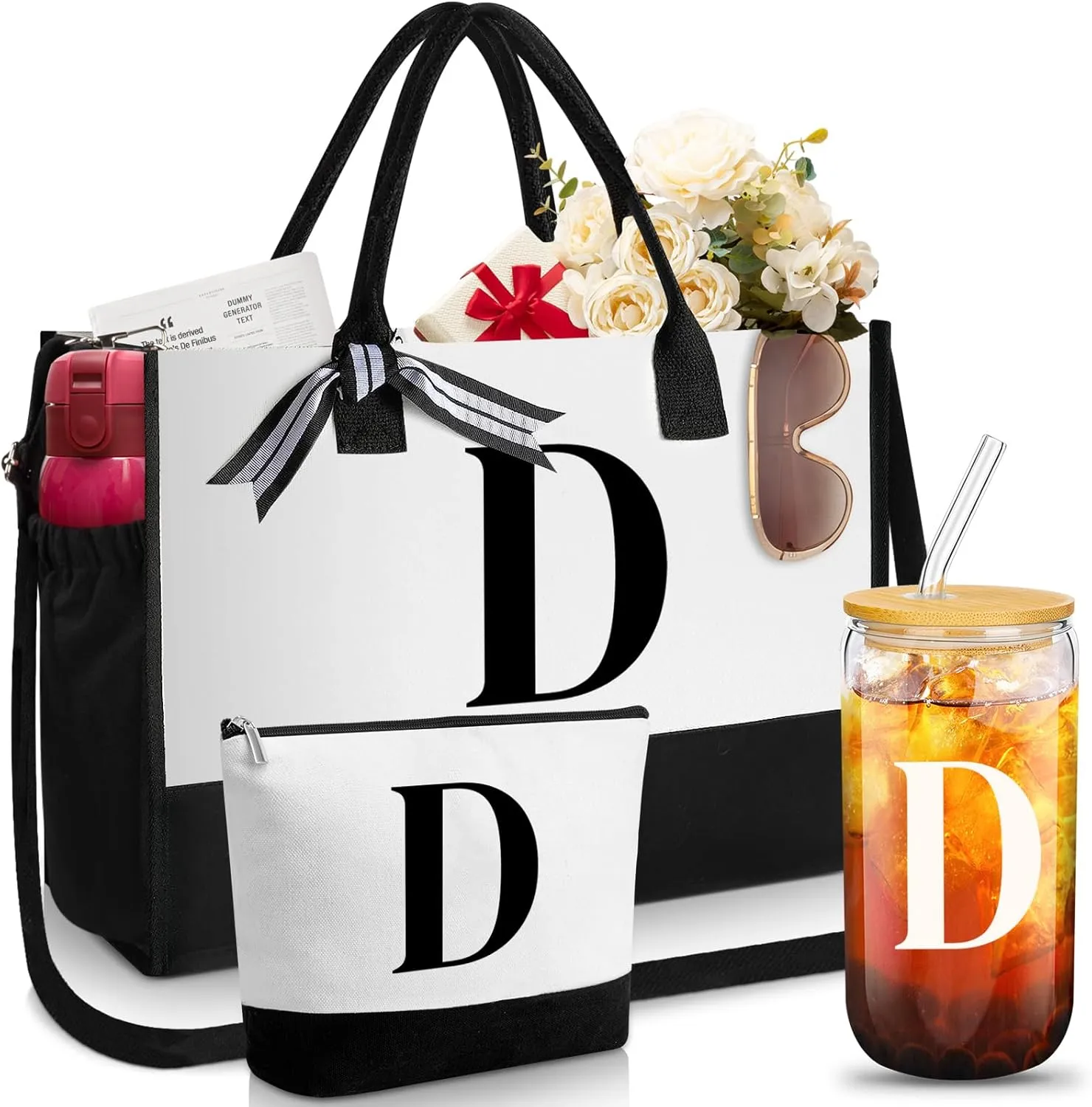 Aliceset Initial Gifts for Women Canvas Tote Bag Mother's Day Gift Shoulder Strap Pouch Makeup Bag Glass Cups for Employee(Letter D)