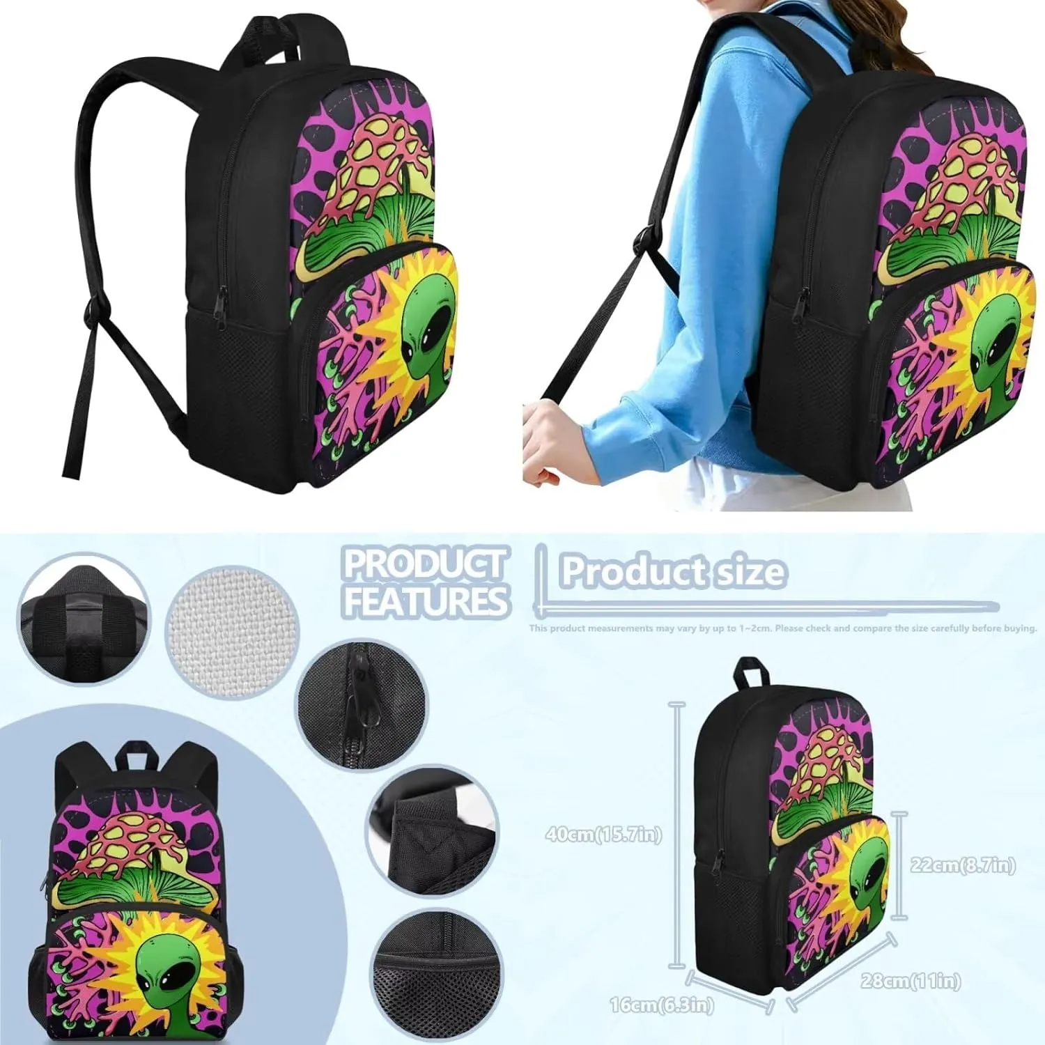 Alien Mushroom School Backpack for Girls Boys Backpack with Lunch Bag Pencil Holder for Girls Elementary 15 Inch Backpack Sets 3 in 1 Students Schoolbag Travel Daypack School Bag