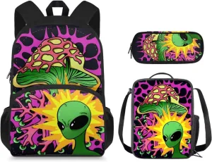 Alien Mushroom School Backpack for Girls Boys Backpack with Lunch Bag Pencil Holder for Girls Elementary 15 Inch Backpack Sets 3 in 1 Students Schoolbag Travel Daypack School Bag