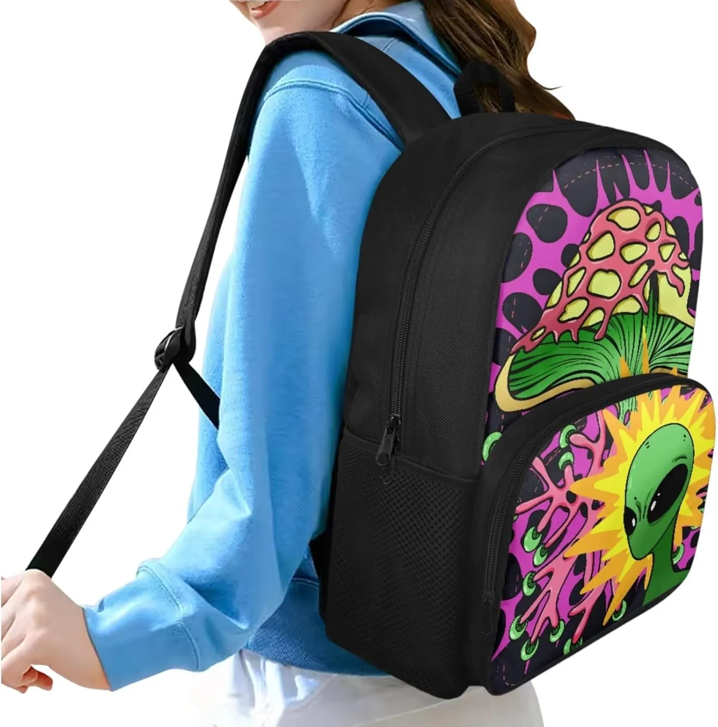 Alien Mushroom School Backpack for Girls Boys Backpack with Lunch Bag Pencil Holder for Girls Elementary 15 Inch Backpack Sets 3 in 1 Students Schoolbag Travel Daypack School Bag