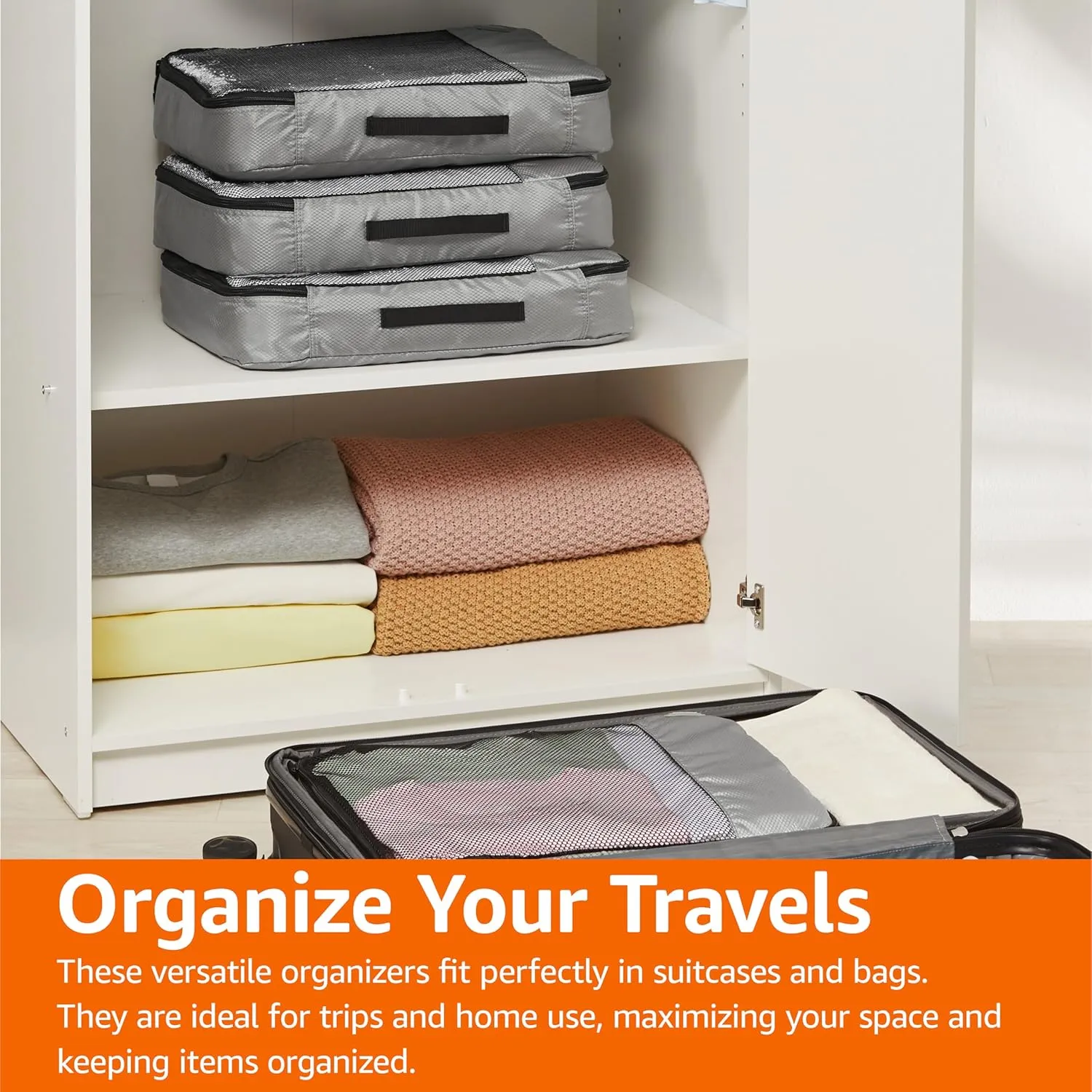 Amazon Basics Large Packing Cubes for Travel, Packing Organizers, 4-Piece-Set With Double Zipper Pulls and Mesh Top Panel, 100% Durable Polyester, Gray, 17.5"L x 12.8"W x 3.3"H