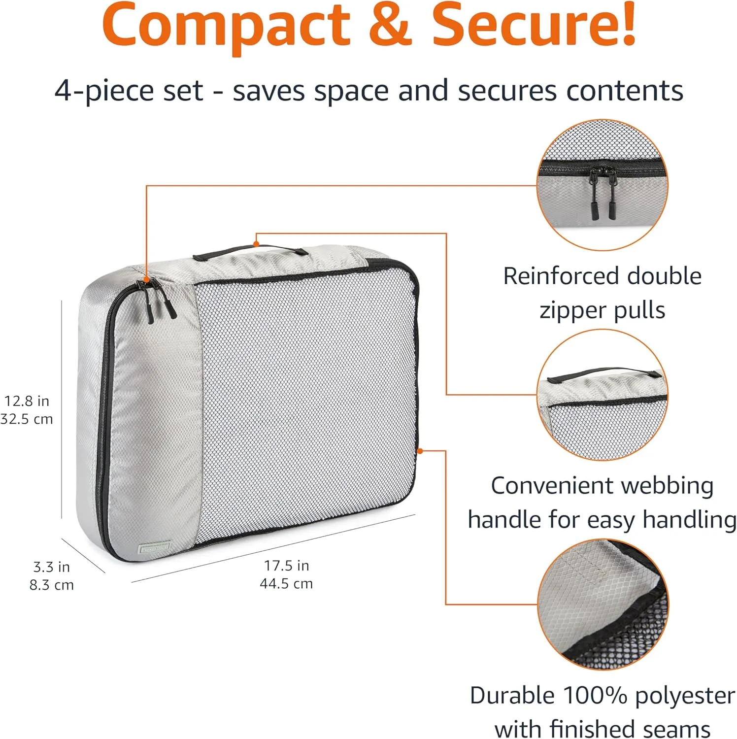 Amazon Basics Large Packing Cubes for Travel, Packing Organizers, 4-Piece-Set With Double Zipper Pulls and Mesh Top Panel, 100% Durable Polyester, Gray, 17.5"L x 12.8"W x 3.3"H