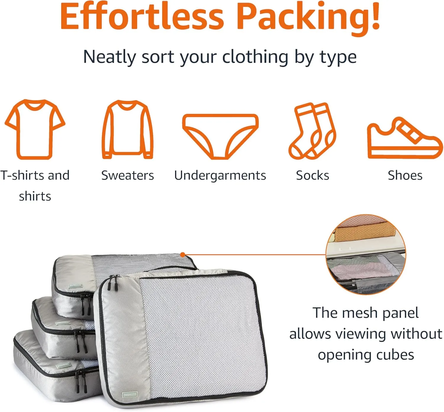 Amazon Basics Large Packing Cubes for Travel, Packing Organizers, 4-Piece-Set With Double Zipper Pulls and Mesh Top Panel, 100% Durable Polyester, Gray, 17.5"L x 12.8"W x 3.3"H