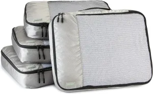 Amazon Basics Large Packing Cubes for Travel, Packing Organizers, 4-Piece-Set With Double Zipper Pulls and Mesh Top Panel, 100% Durable Polyester, Gray, 17.5"L x 12.8"W x 3.3"H