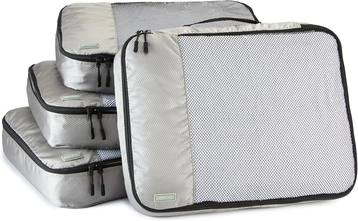 Amazon Basics Large Packing Cubes for Travel, Packing Organizers, 4-Piece-Set With Double Zipper Pulls and Mesh Top Panel, 100% Durable Polyester, Gray, 17.5"L x 12.8"W x 3.3"H