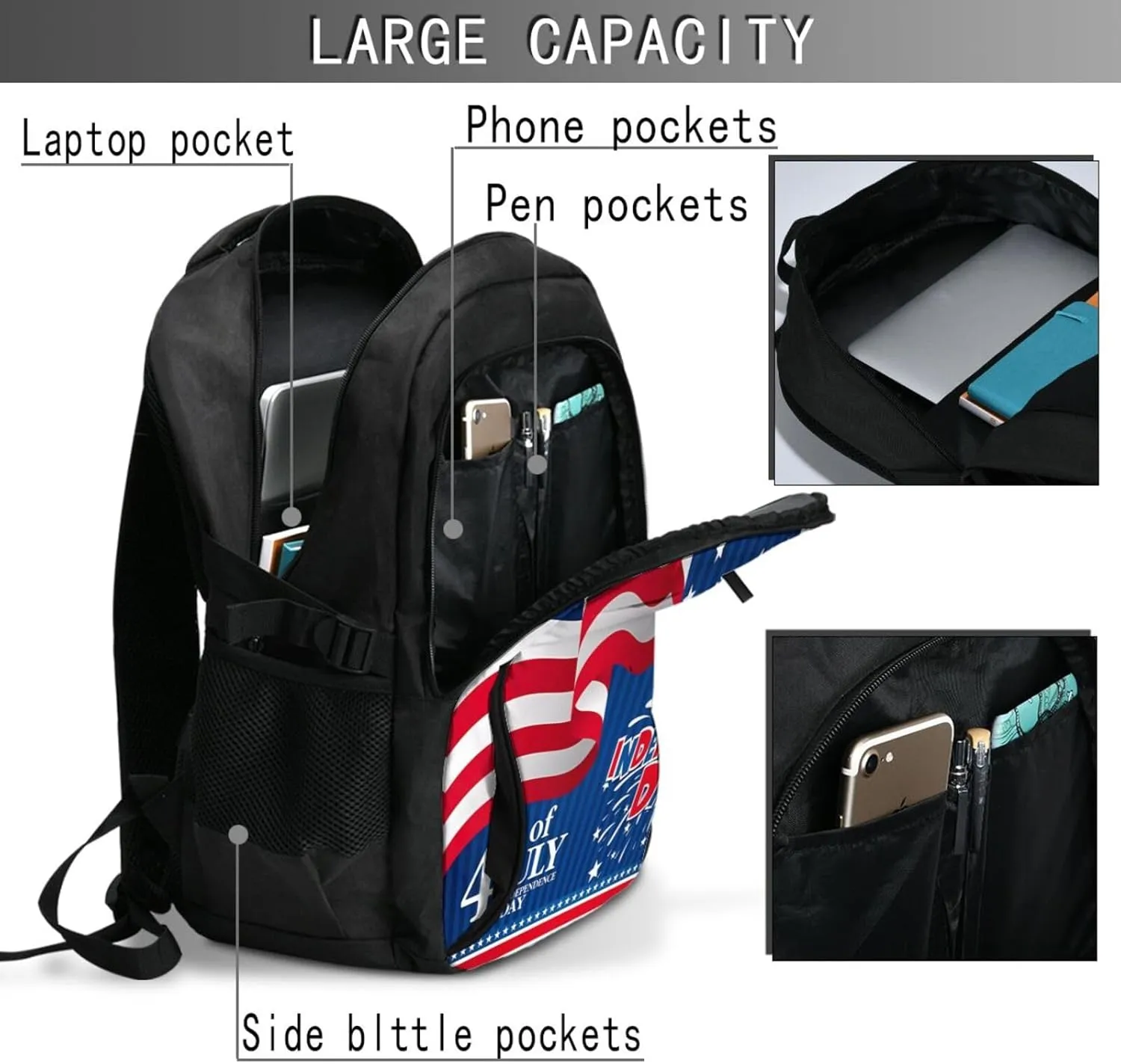 America American Flag Firework Travel Backpack Laptop Backpacks Business Rucksack Outdoor Daypack Large Sport Bag with Luggage Strap USB Charging Port for Hiking Working