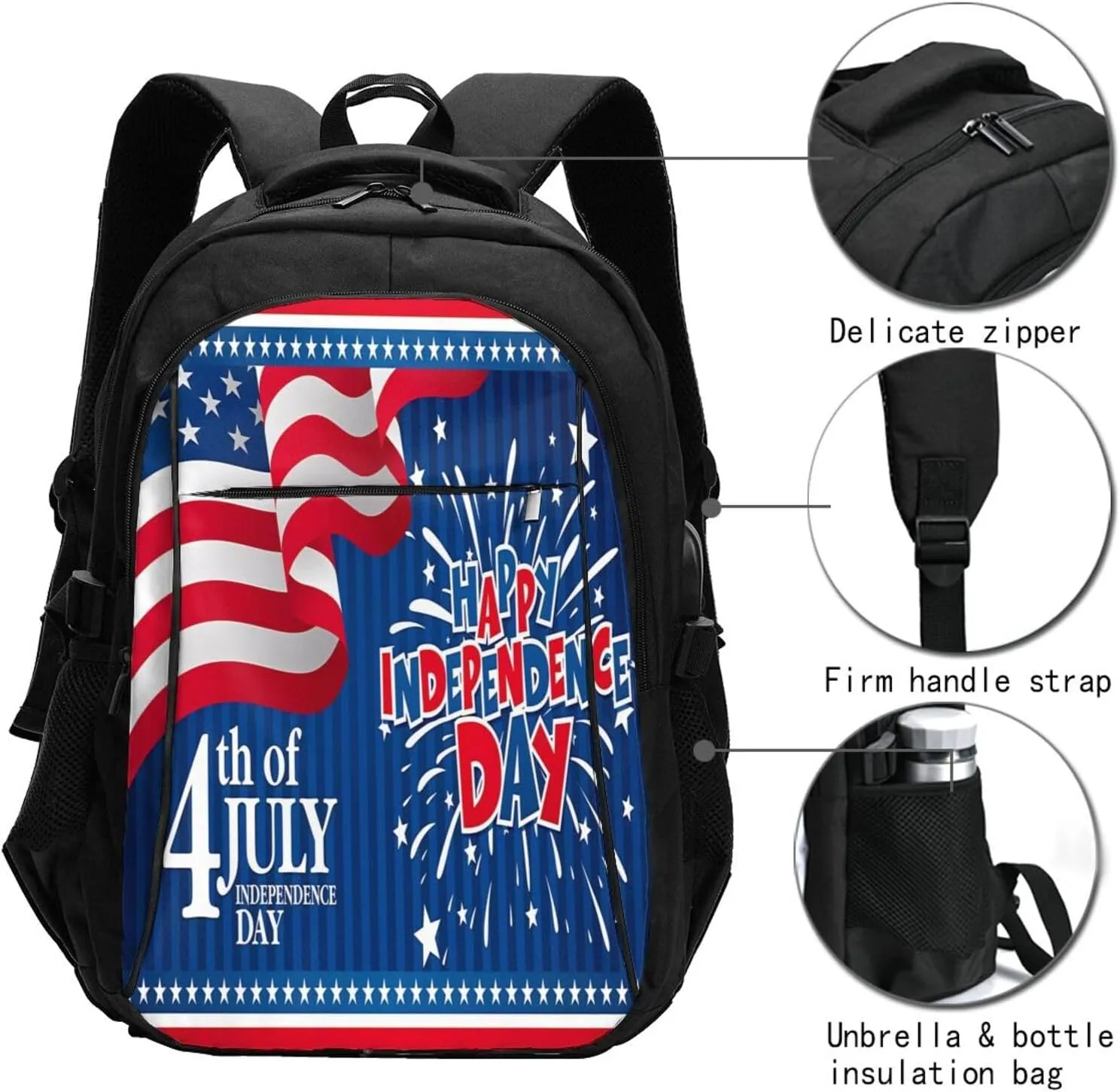America American Flag Firework Travel Backpack Laptop Backpacks Business Rucksack Outdoor Daypack Large Sport Bag with Luggage Strap USB Charging Port for Hiking Working