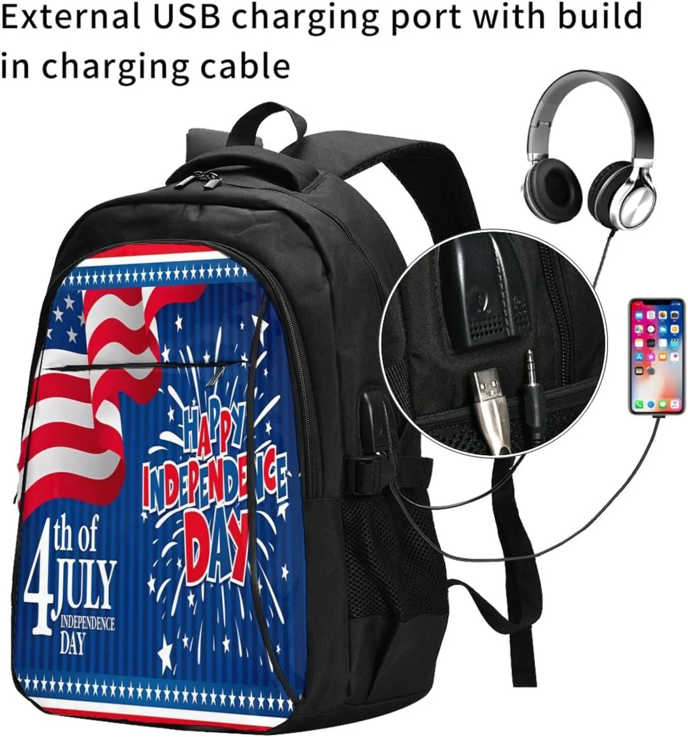 America American Flag Firework Travel Backpack Laptop Backpacks Business Rucksack Outdoor Daypack Large Sport Bag with Luggage Strap USB Charging Port for Hiking Working