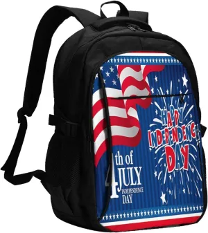 America American Flag Firework Travel Backpack Laptop Backpacks Business Rucksack Outdoor Daypack Large Sport Bag with Luggage Strap USB Charging Port for Hiking Working