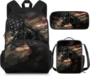 American Flag Horse Patriotic Backpack for Boys 10-12 Middle School Book Bag Set with Lunchbox Pencil Case Independence Day Kids Hiking Camping Schoolbags Travel Backpacks Daypack July 4