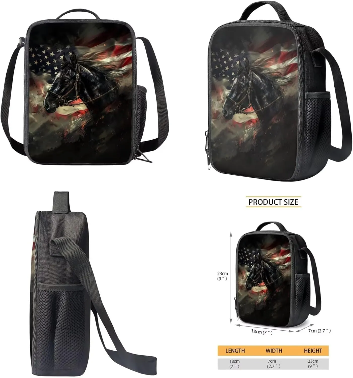 American Flag Horse Patriotic Backpack for Boys 10-12 Middle School Book Bag Set with Lunchbox Pencil Case Independence Day Kids Hiking Camping Schoolbags Travel Backpacks Daypack July 4