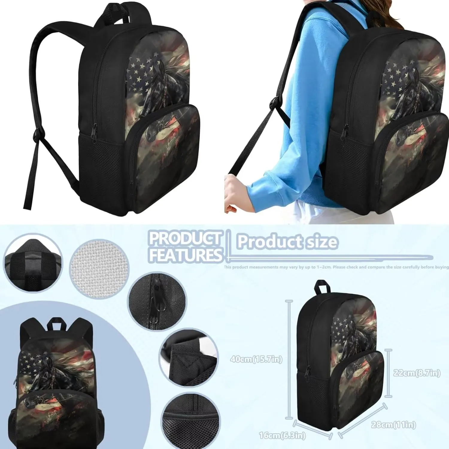 American Flag Horse Patriotic Backpack for Boys 10-12 Middle School Book Bag Set with Lunchbox Pencil Case Independence Day Kids Hiking Camping Schoolbags Travel Backpacks Daypack July 4