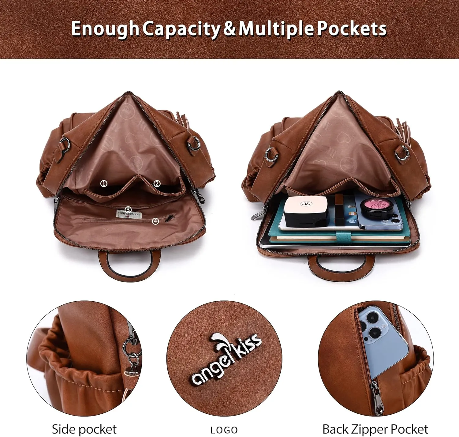 Angel Kiss Women's Backpacks & Purse - PU Leather Zipper Casual Backpacks & Shoulder Bags