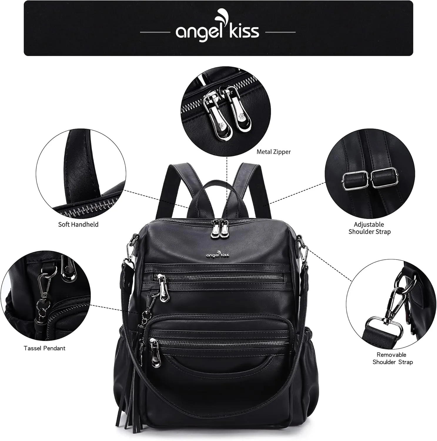 Angel Kiss Women's Backpacks & Purse - PU Leather Zipper Casual Backpacks & Shoulder Bags