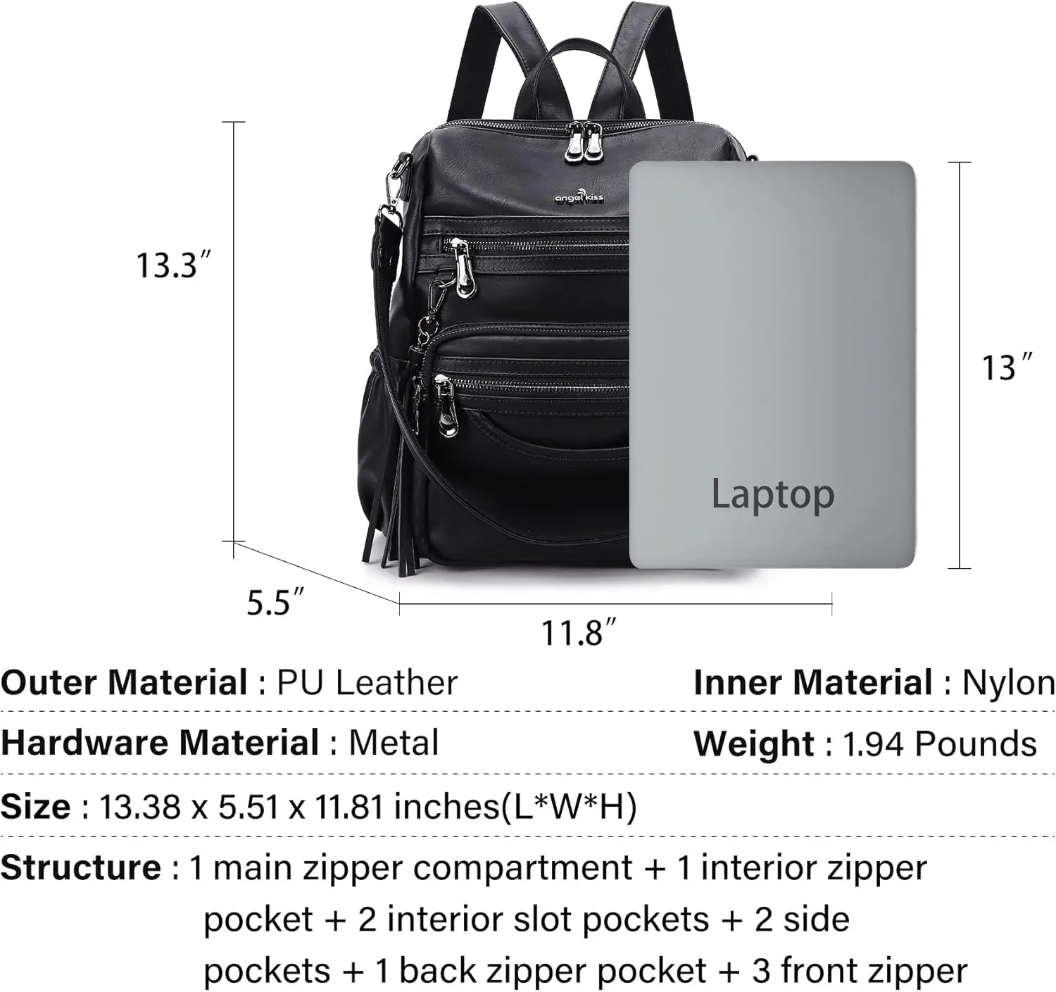Angel Kiss Women's Backpacks & Purse - PU Leather Zipper Casual Backpacks & Shoulder Bags