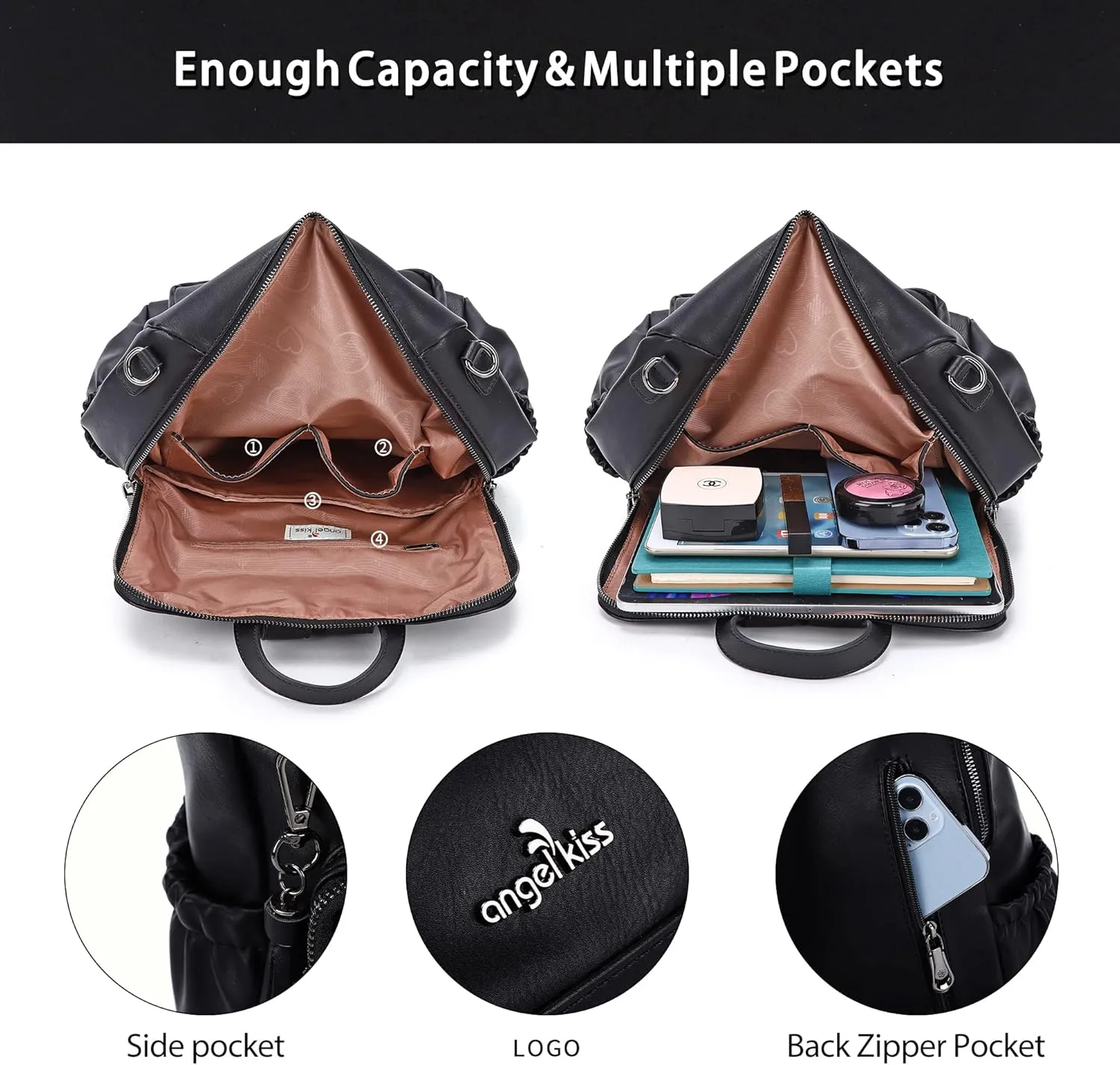 Angel Kiss Women's Backpacks & Purse - PU Leather Zipper Casual Backpacks & Shoulder Bags