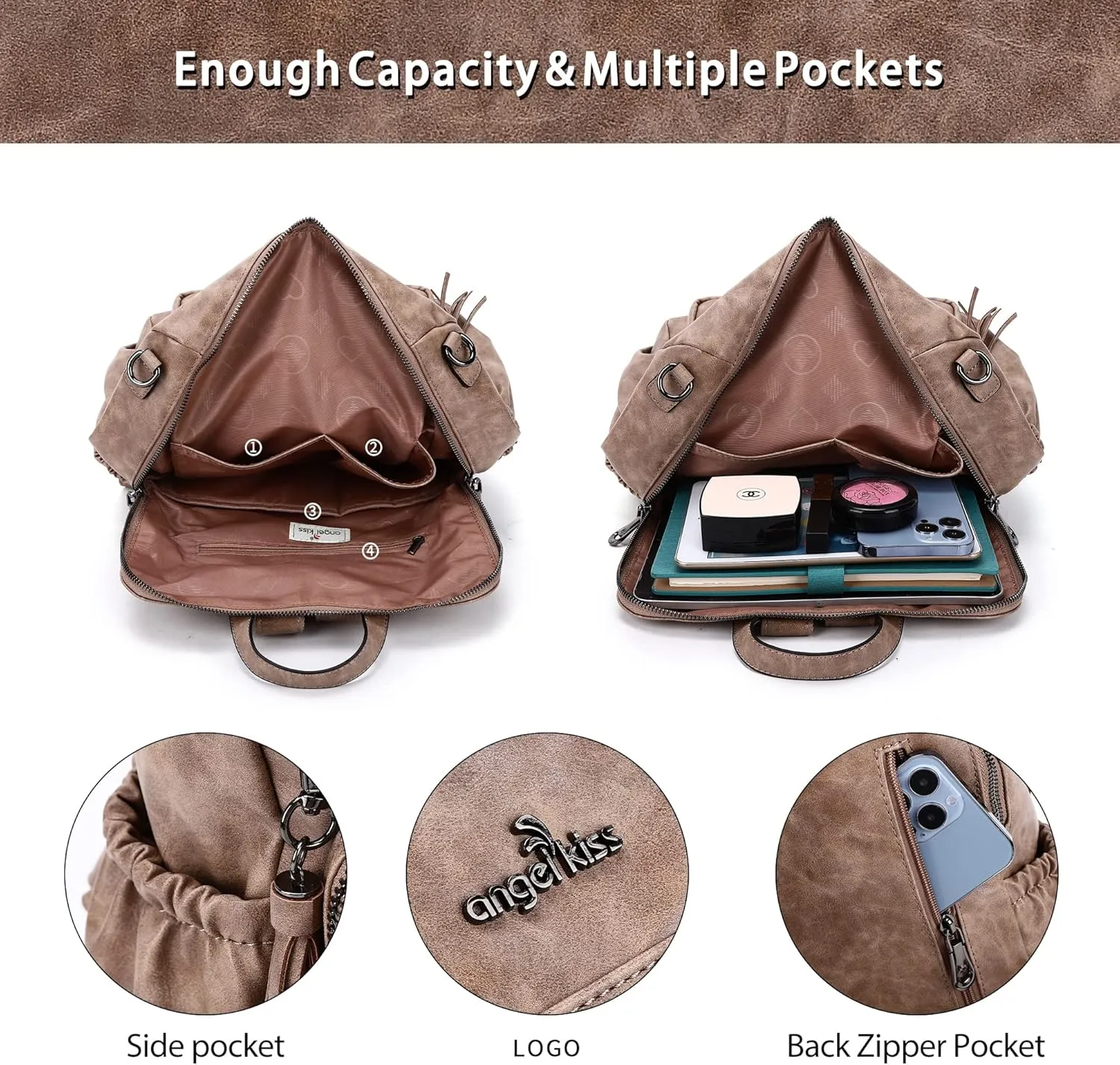 Angel Kiss Women's Backpacks & Purse - PU Leather Zipper Casual Backpacks & Shoulder Bags