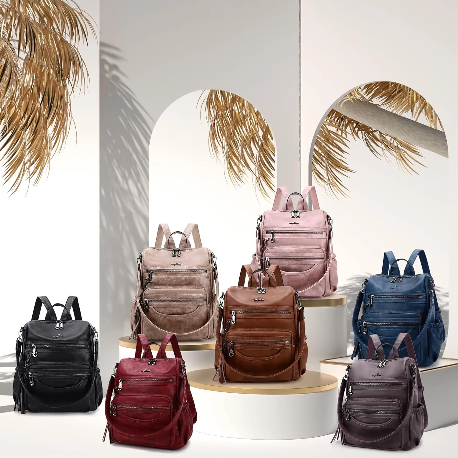 Angel Kiss Women's Backpacks & Purse - PU Leather Zipper Casual Backpacks & Shoulder Bags
