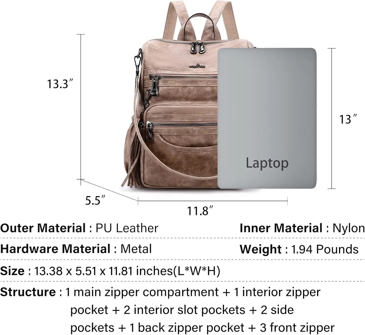 Angel Kiss Women's Backpacks & Purse - PU Leather Zipper Casual Backpacks & Shoulder Bags