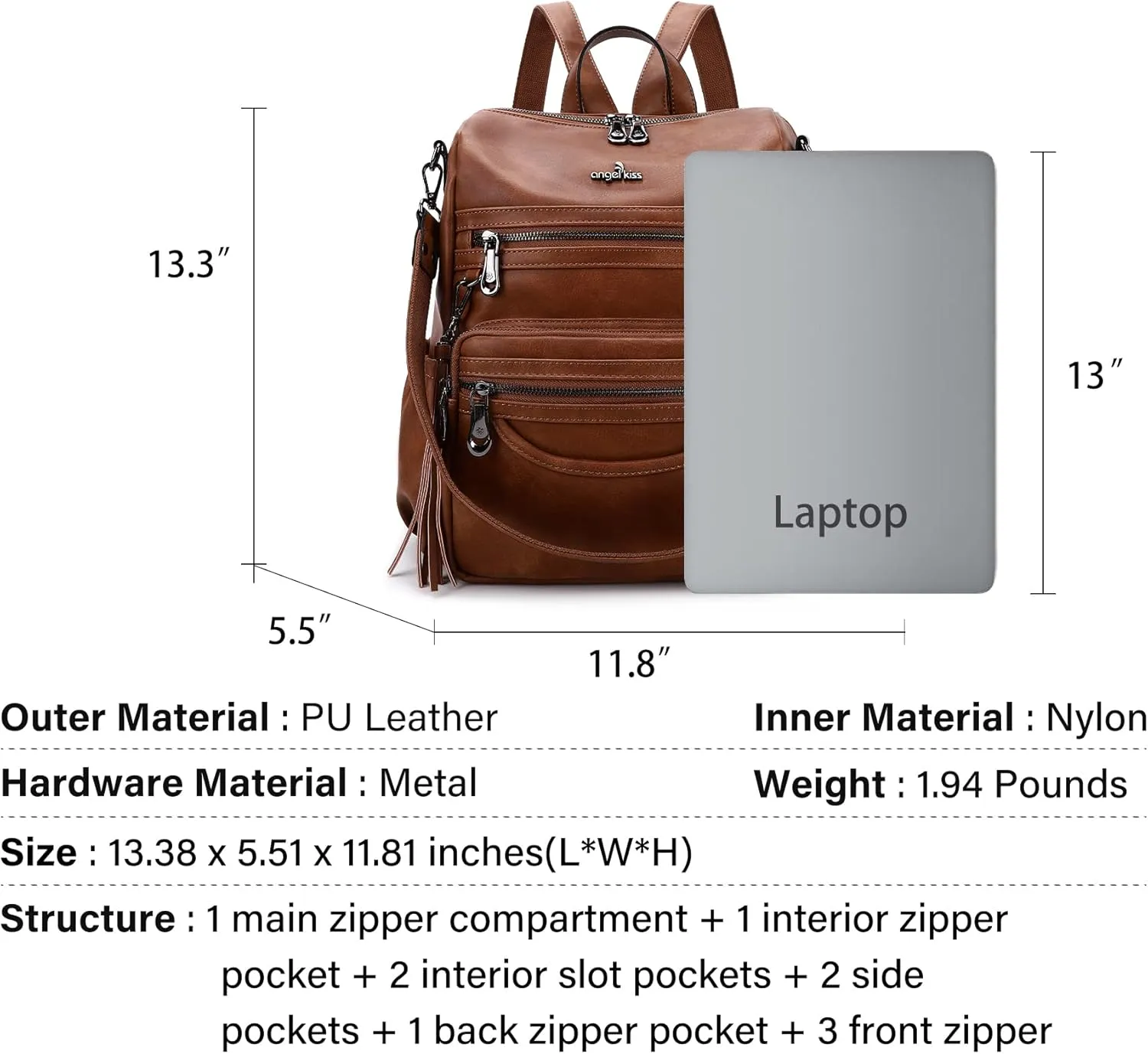 Angel Kiss Women's Backpacks & Purse - PU Leather Zipper Casual Backpacks & Shoulder Bags