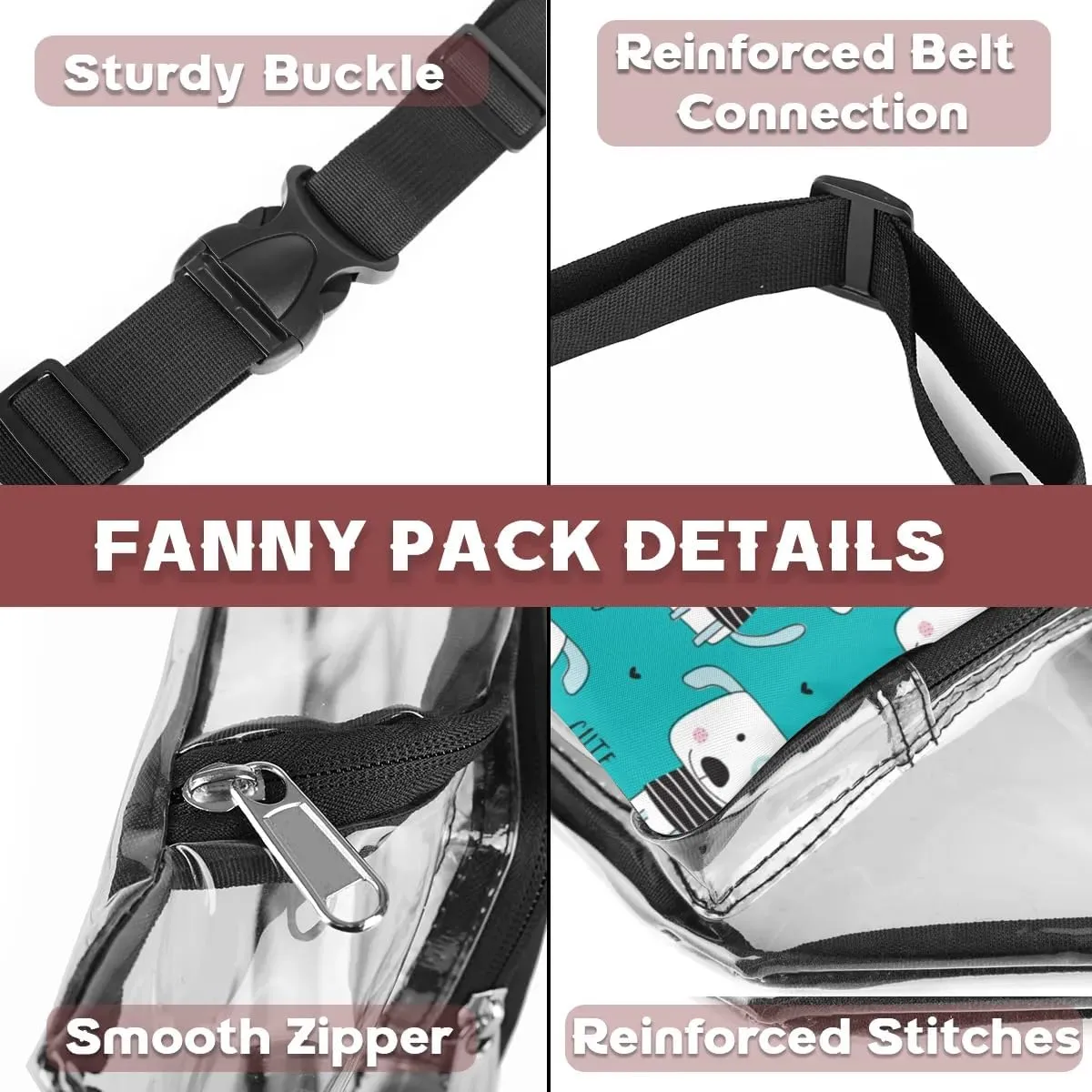 Animal Cute Dog Clear Fanny Pack Stadium Approved Clear Crossbody Belt Bag for Women Men Transparent Waist Bag with Adjustable Strap for Concerts Sports Events Travel