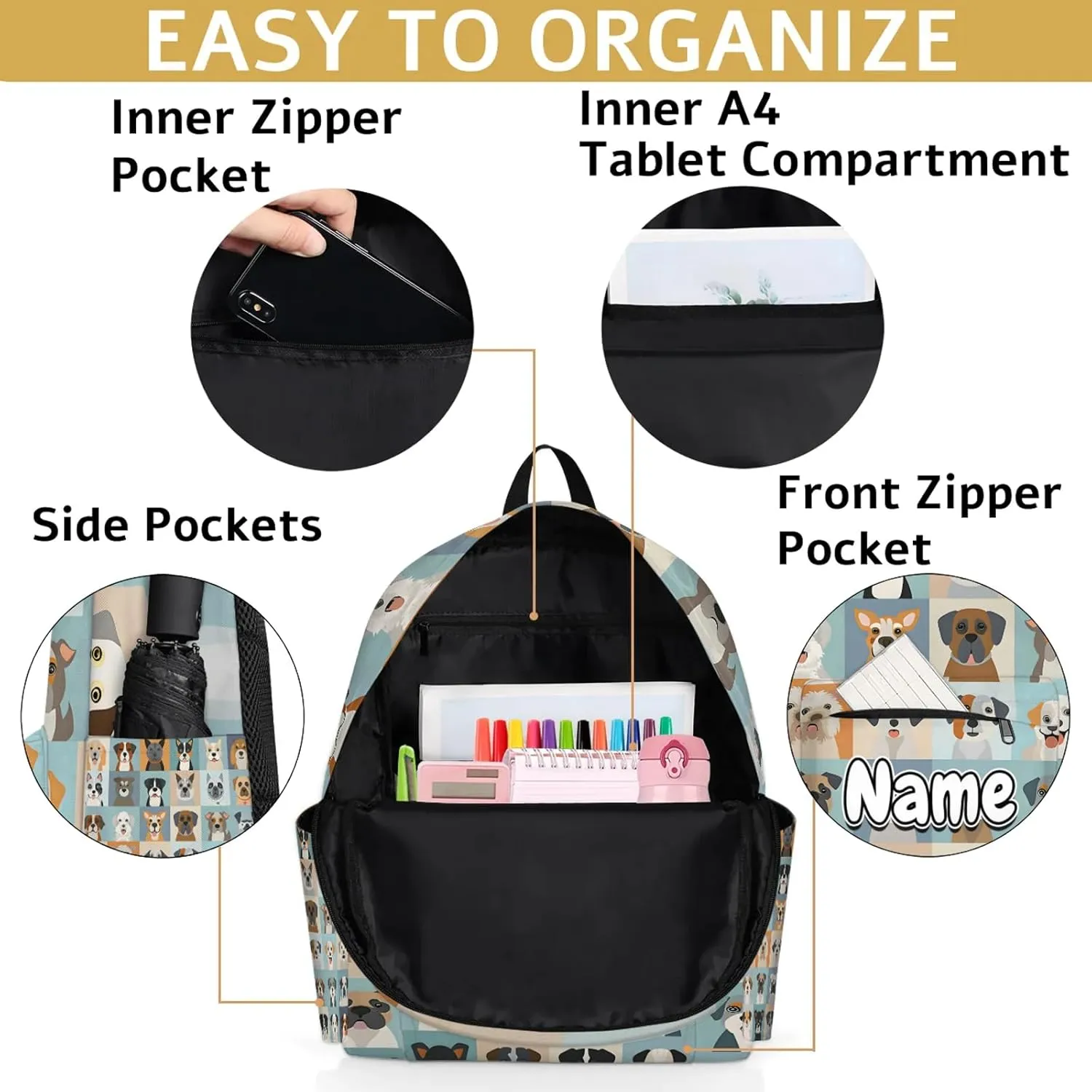 Animal Dog Cute Dogs Personalized Backpack Bag with Name Lightweight Custom Shoulder Bags Waterproof Casual Backpacks Travel Laptop Bag 15.1in