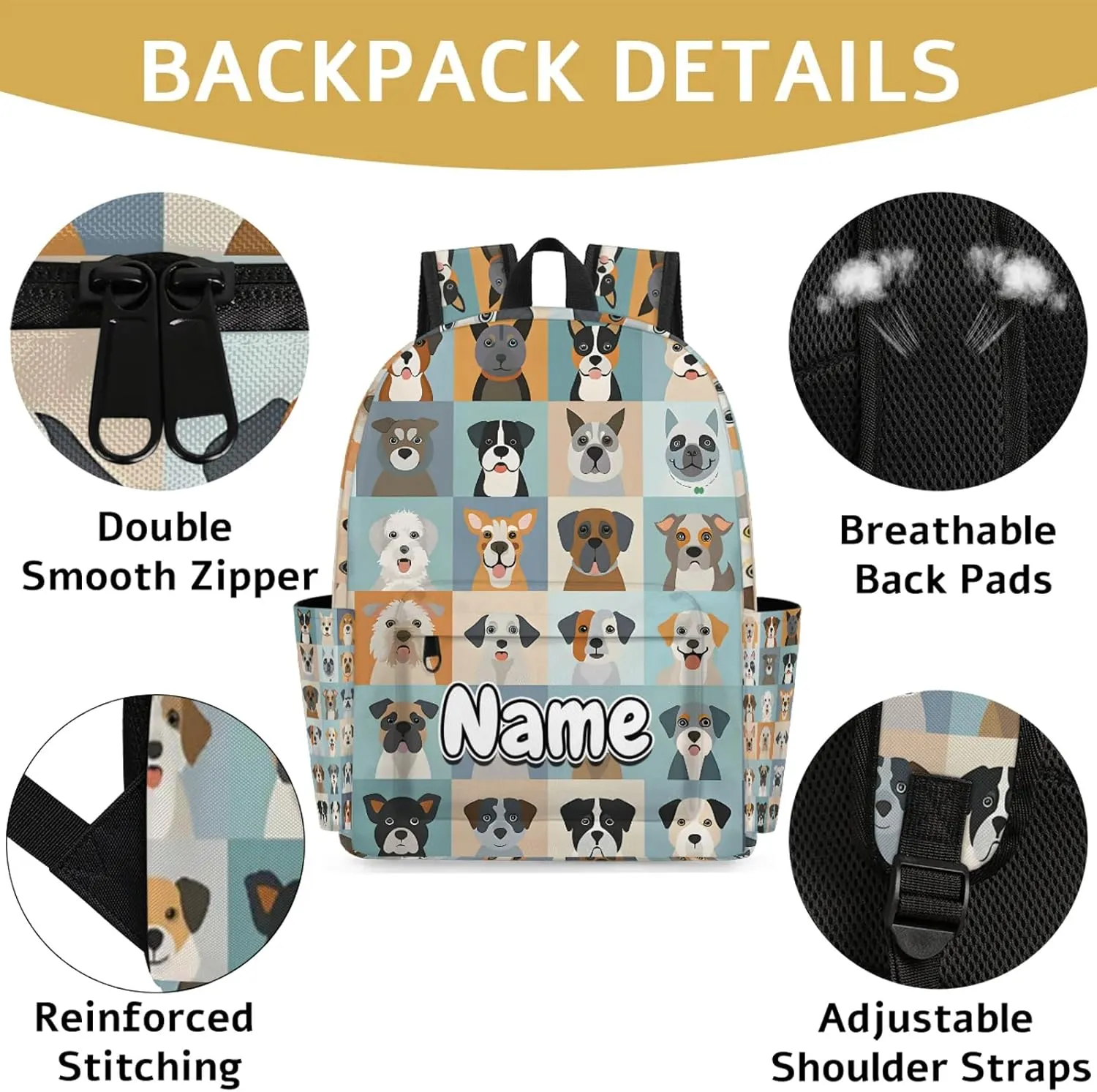 Animal Dog Cute Dogs Personalized Backpack Bag with Name Lightweight Custom Shoulder Bags Waterproof Casual Backpacks Travel Laptop Bag 15.1in