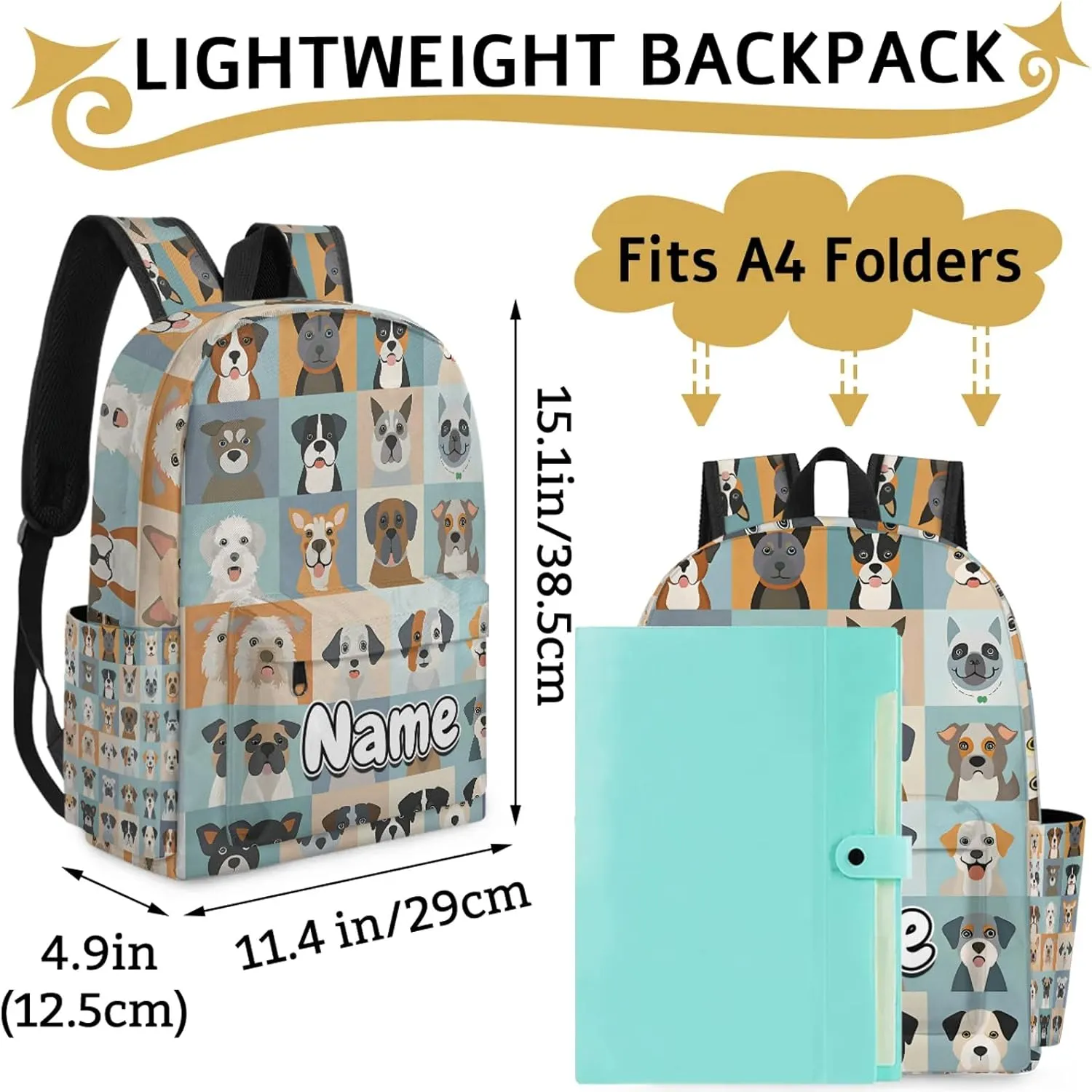 Animal Dog Cute Dogs Personalized Backpack Bag with Name Lightweight Custom Shoulder Bags Waterproof Casual Backpacks Travel Laptop Bag 15.1in