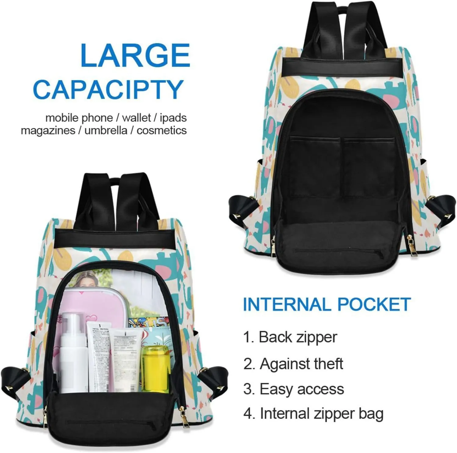 Animal Print Anti-theft Backpack Handbags for Women Travel Rucksack Lightweight Shoulder Bags 13.4 X 5.9 X 15in