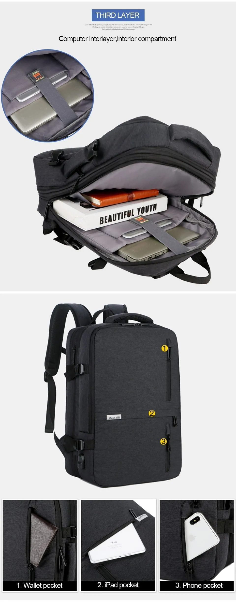Anti Theft Waterproof Large Capacity USB Chargring Backpack