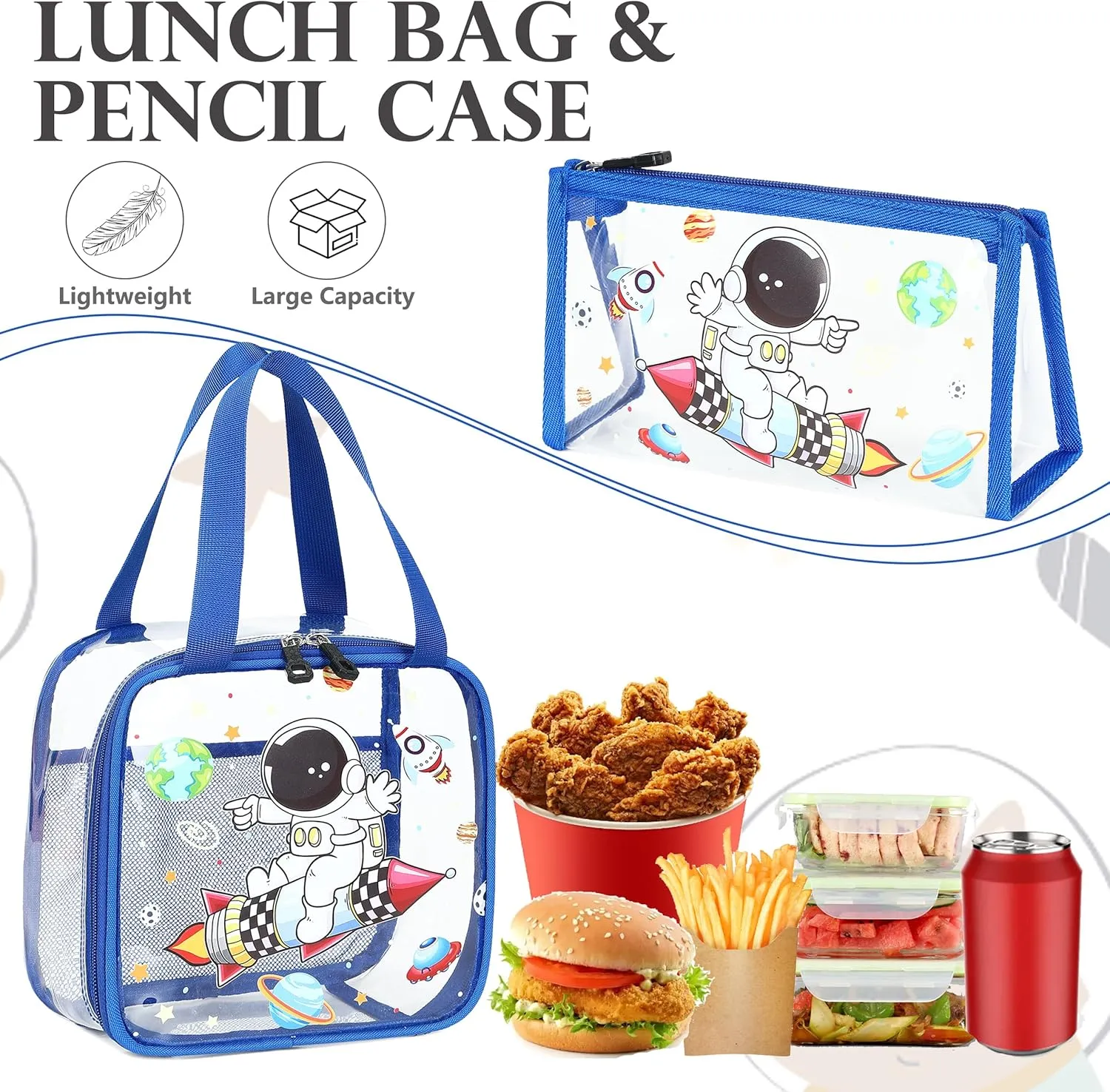 AO ALI VICTORY Clear Backpack for Boys Girls,15.6 Inch Kids Backpack Set with Lunch Bag Pencil Case PVC Elementary Bookbag for School Students See Through Transparent Travel Back Pack,Blue Astronaut