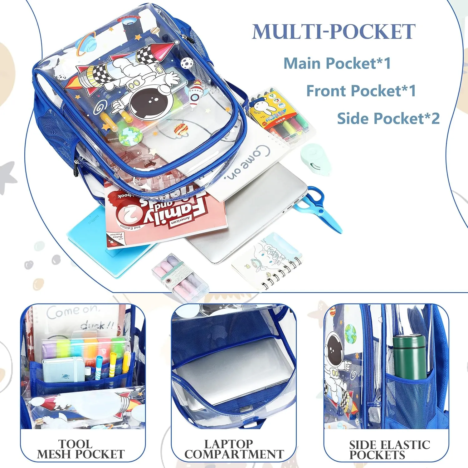 AO ALI VICTORY Clear Backpack for Boys Girls,15.6 Inch Kids Backpack Set with Lunch Bag Pencil Case PVC Elementary Bookbag for School Students See Through Transparent Travel Back Pack,Blue Astronaut